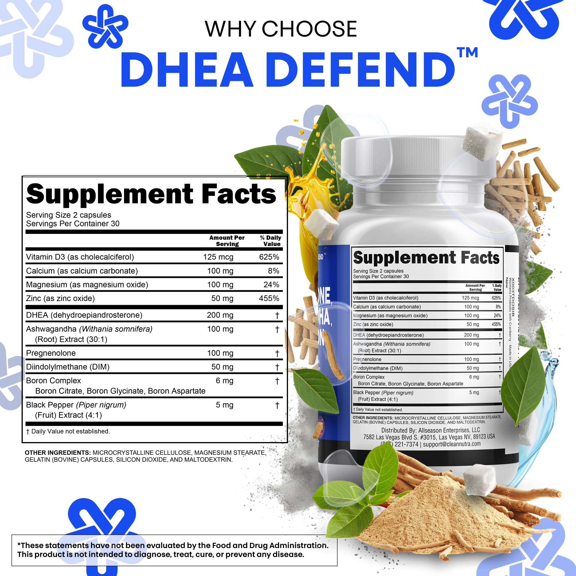 DHEA 200mg Supplement Pregnenolone 100mg for Men & Women with DIM Ashwagandha Boron 6mg Complex Calcium Magnesium Zinc 50mg Vitamin D3 5000 iu Hormone Support Capsules Pills - Made in USA 60 Ct Clean Nutraceuticals Au supplements