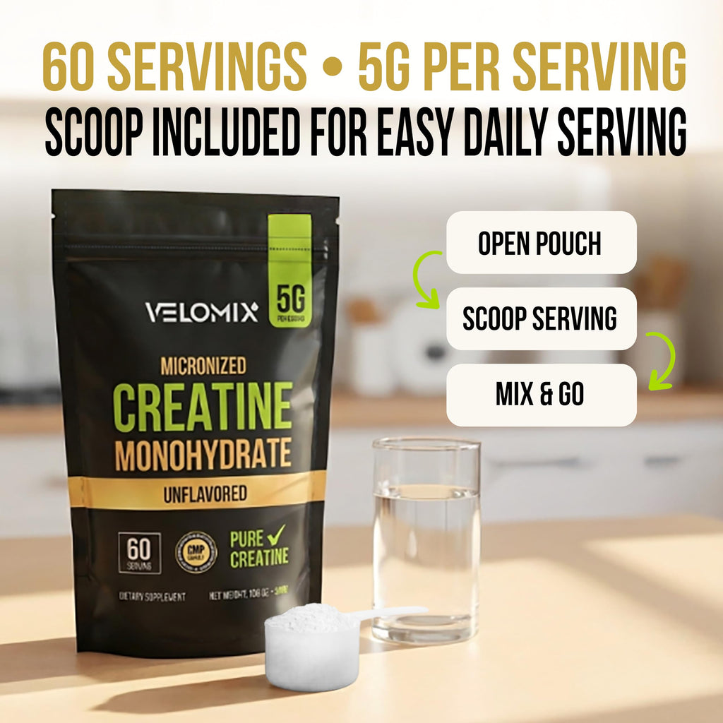 VELOMIX Micronized Creatine Monohydrate Powder - 100% Pure Creatine Powder Unflavored and Easy to Mix | Supports Muscle Growth, Recovery, and Strength | 5000mg Per Serv (5g) - 60 Servings VELOMIX Au supplements