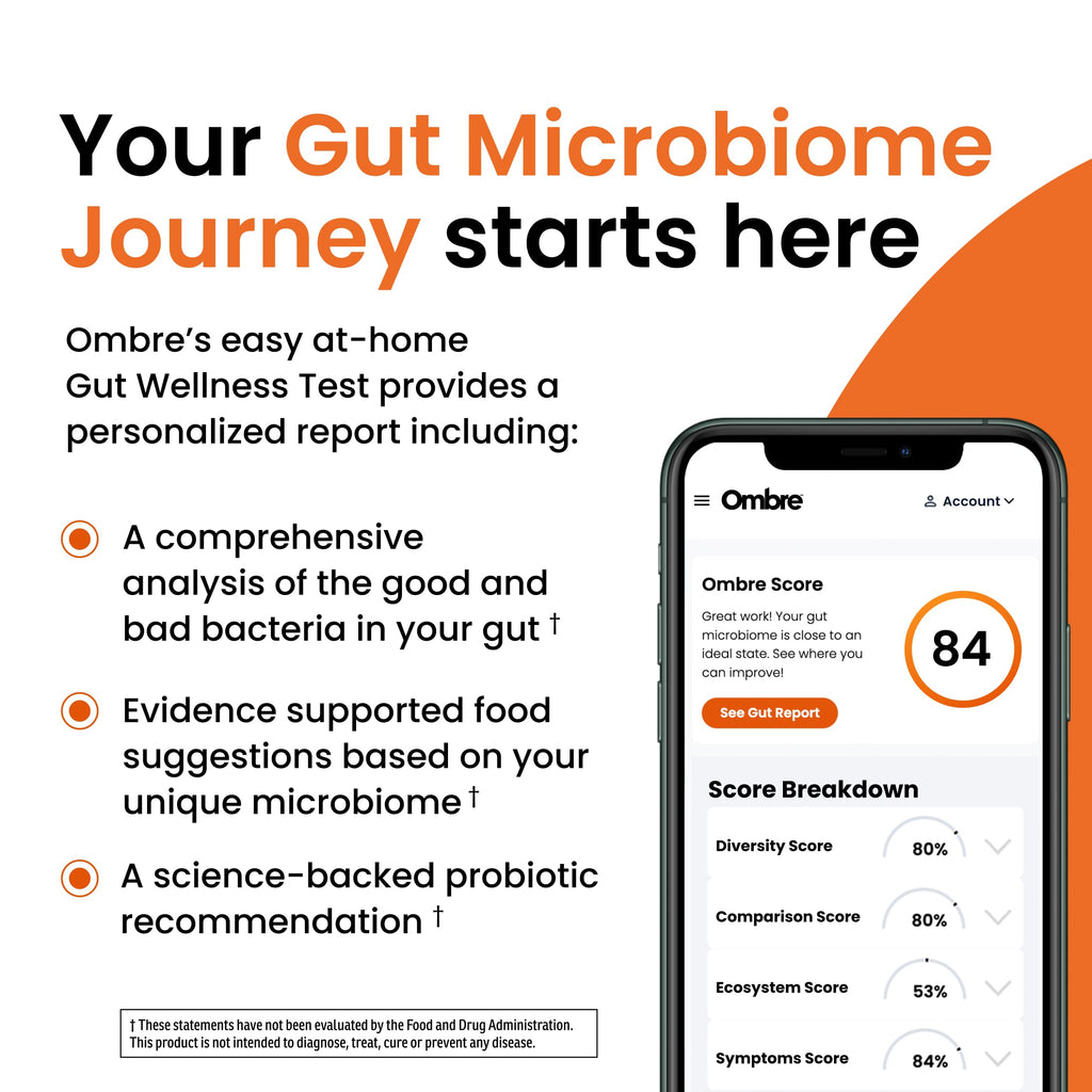 Ombre Gut Health Test Kit - Probiotic Recommender at Home Test for Women & Men - Detailed Custom Gut Microbiome Analysis for Digestive, Immune and Mental Health with Food Suggestions Ombre Au supplements