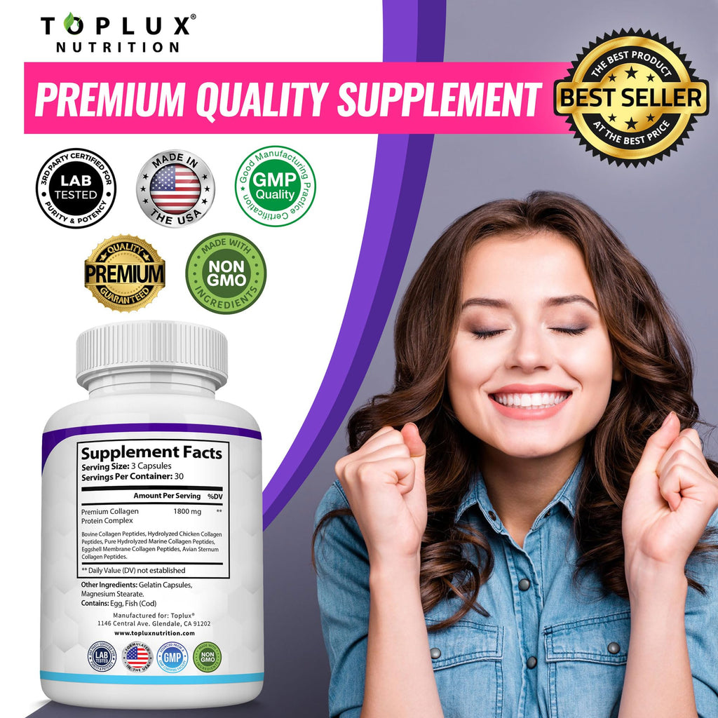 Toplux Multi Collagen Peptides Pills 1800 Mg Complex - Type I, II, III, V, X Premium Collagen Complex for Better Skin & Hair, Strong Joint, Hydrolyzed Protein
