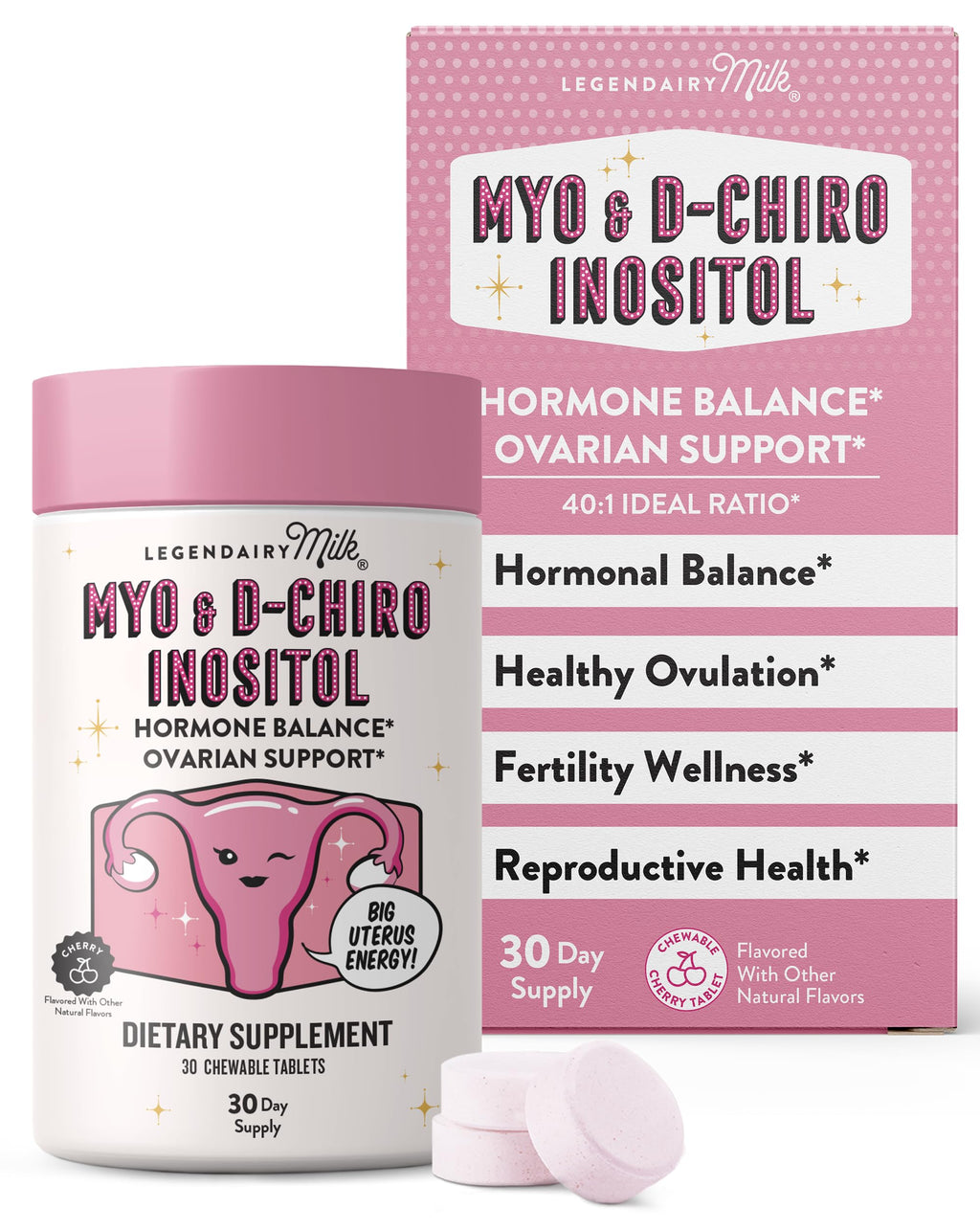 Legendairy Milk Myo-Inositol & D-Chiro Inositol Supplement for Women, 40:1 Ratio, PCOS & Fertility Support, Hormone Balance, Sugar Free Vegan Chewable Tablets, Cherry Flavor, 30 Day Supply Legendairy Milk Au supplements