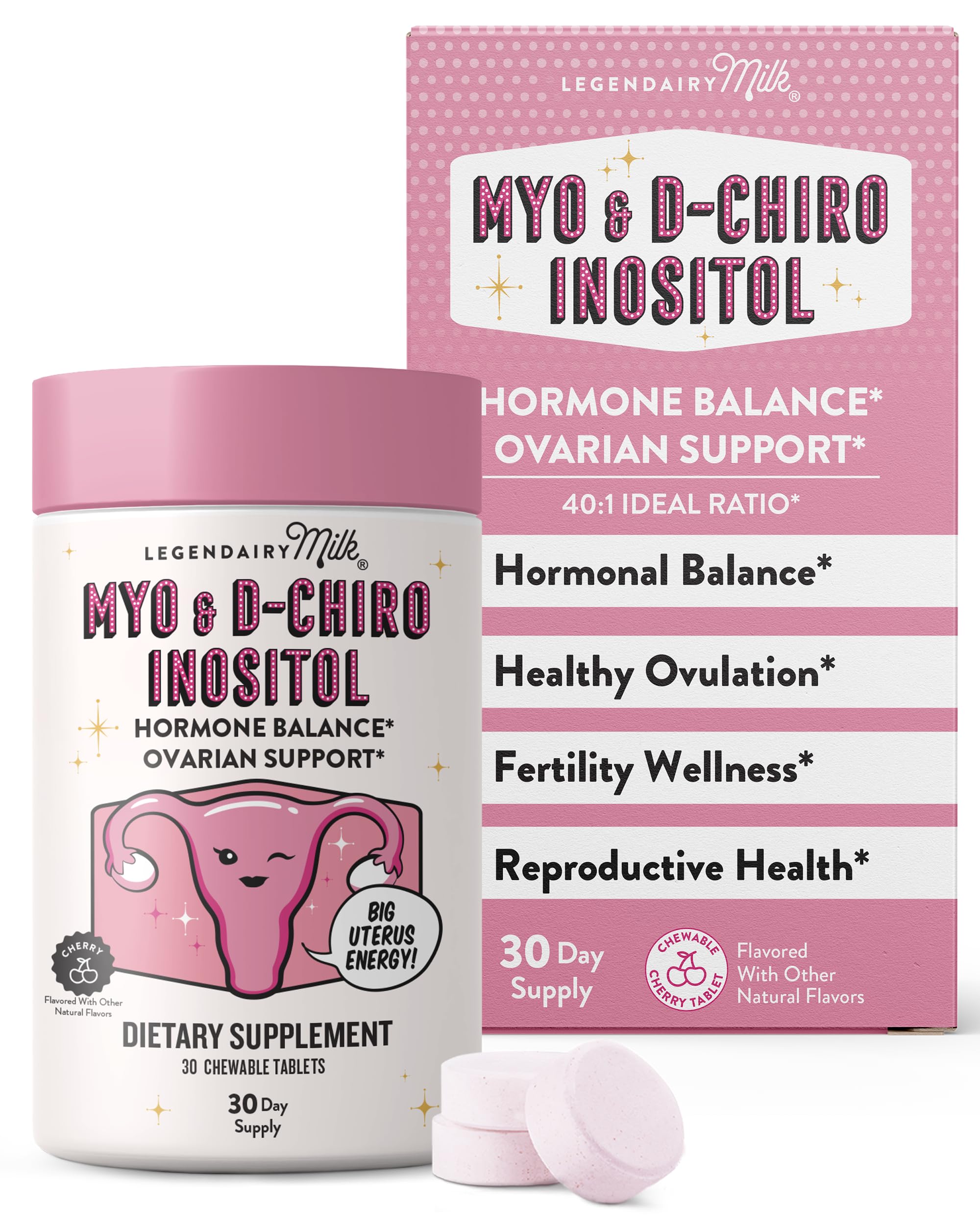 Legendairy Milk Myo-Inositol & D-Chiro Inositol Supplement for Women, 40:1 Ratio, PCOS & Fertility Support, Hormone Balance, Sugar Free Vegan Chewable Tablets, Cherry Flavor, 30 Day Supply Legendairy Milk Au supplements