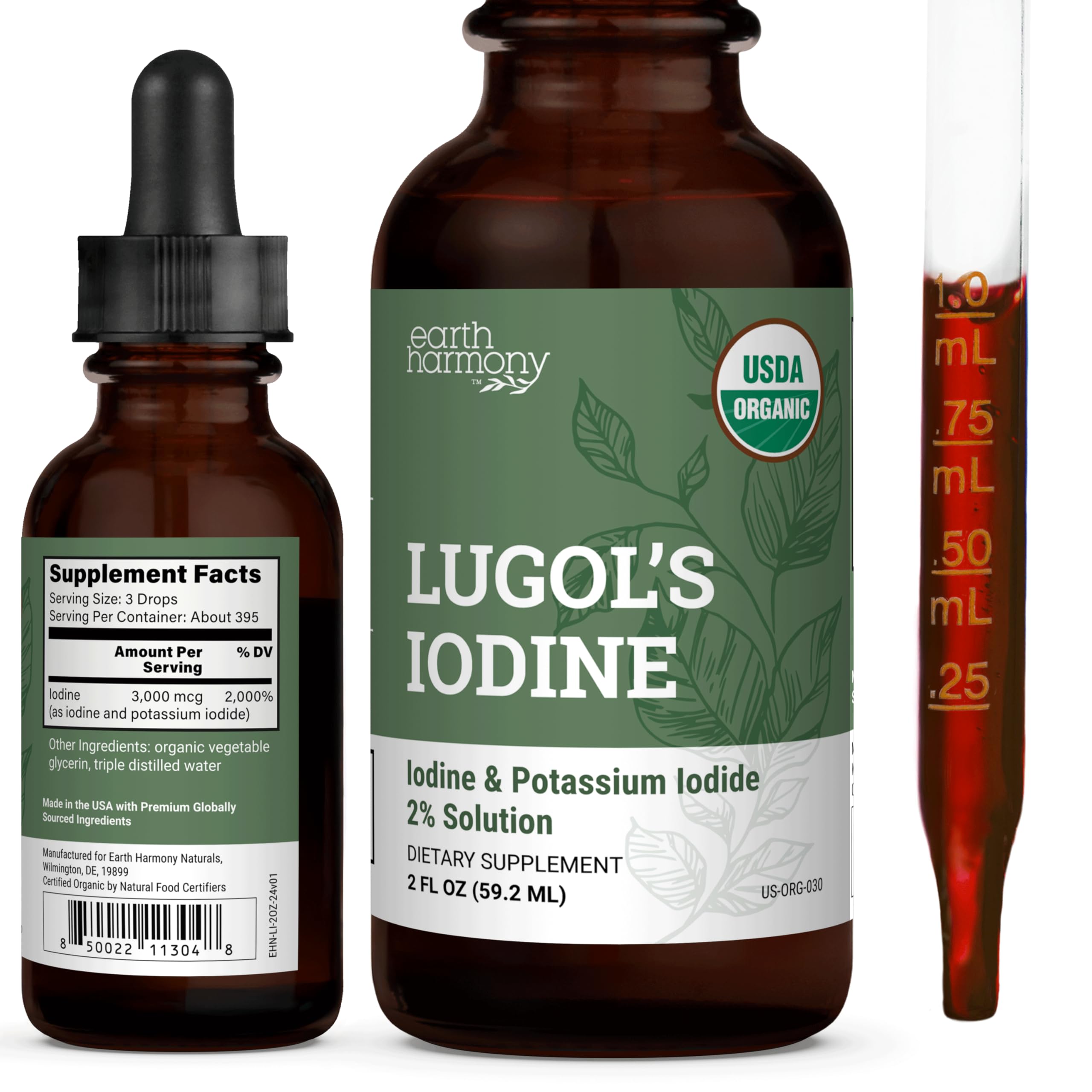 Organic Lugol's Iodine, Iodine and Potassium Iodide 2% Solution 3000 mcg - Liquid Supplement Drops for Thyroid Support for Women & Men, Metabolism Health