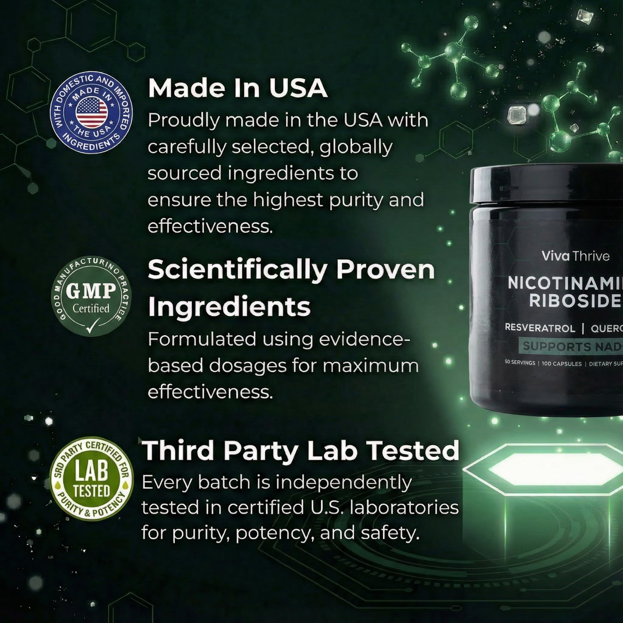 VivaThrive Advanced NAD+ Complex - NMNH Supplement Alternative - 50 Day Supply - Triple Action NAD+ Supplement - Nicotinamide Riboside - Resveratrol - Quercetin - Third-Party Tested - Made in USA VivaThrive Au supplements