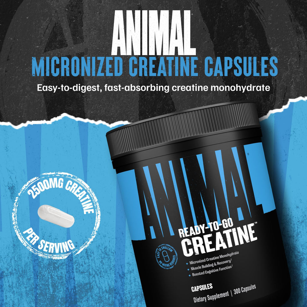 Animal Micronized Creatine Monohydrate Capsules - 300 Caps, 2500mg per Serving to Support Muscle Growth, Endurance, ATP Production, Cognitive Function, Strength