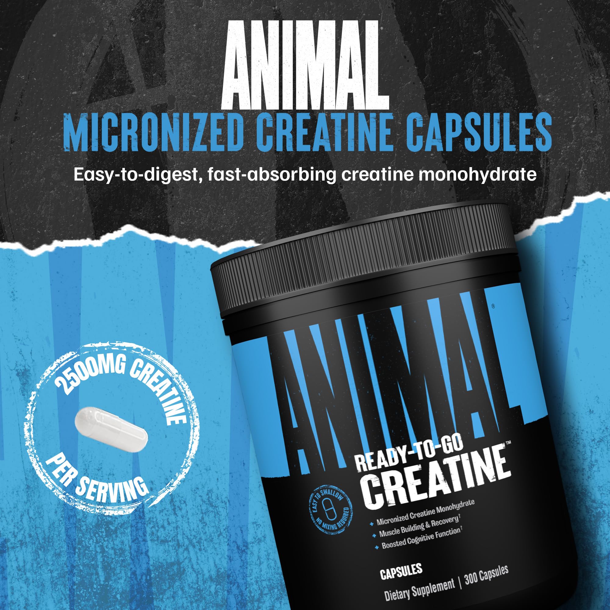 Animal Micronized Creatine Monohydrate Capsules - 300 Caps, 2500mg per Serving to Support Muscle Growth, Endurance, ATP Production, Cognitive Function, Strength