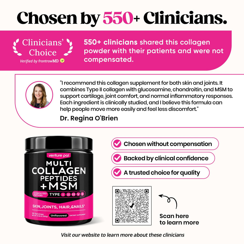 Venture Pal Multi Collagen Powder Type I, II, III, V, X – Hydrolyzed Collagen Peptides MSM, GC, Hyaluronic Acid Vitamin C | Collagen Supplement for Women