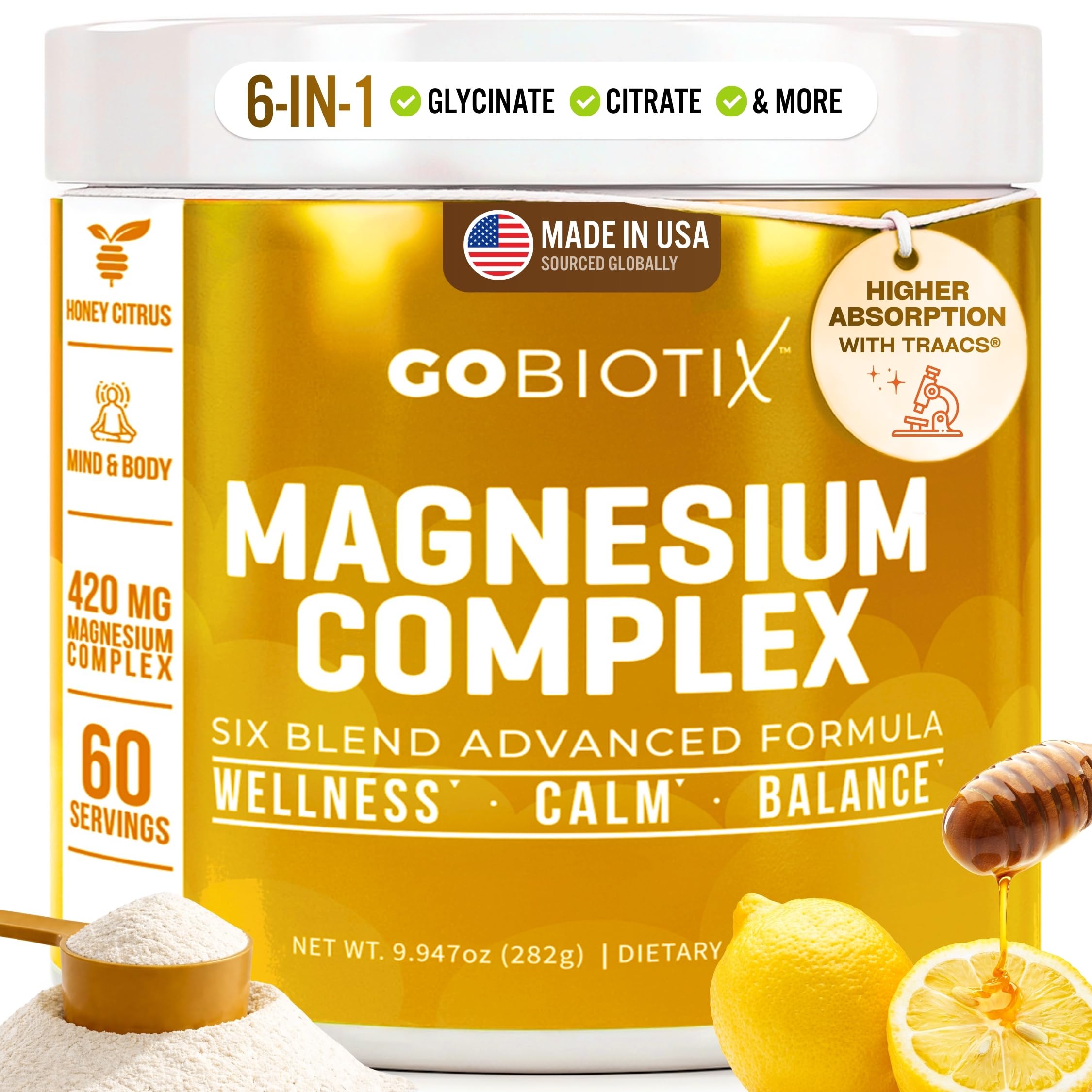 GoBiotix Magnesium Glycinate Powder – Cortisol Supplements for Women and Men – High Absorption Magnesium Complex Calm Supplement with Citrate, Malate – Sugar Free – 420 mg, 60 Servings - Honey Citrus GOBIOTIX Au supplements