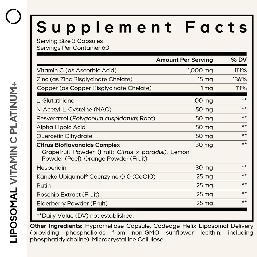 Codeage Liposomal Vitamin C+ Platinum - 1000 Mg Vitamin C Vitamins, Glutathione, NAC (N Acetyl Cysteine), Resveratrol, CoQ10, Rutin, Elderberry, Quercetin, Rosehip, Citrus Bioflavonoids - 180 Capsules Codeage Au supplements