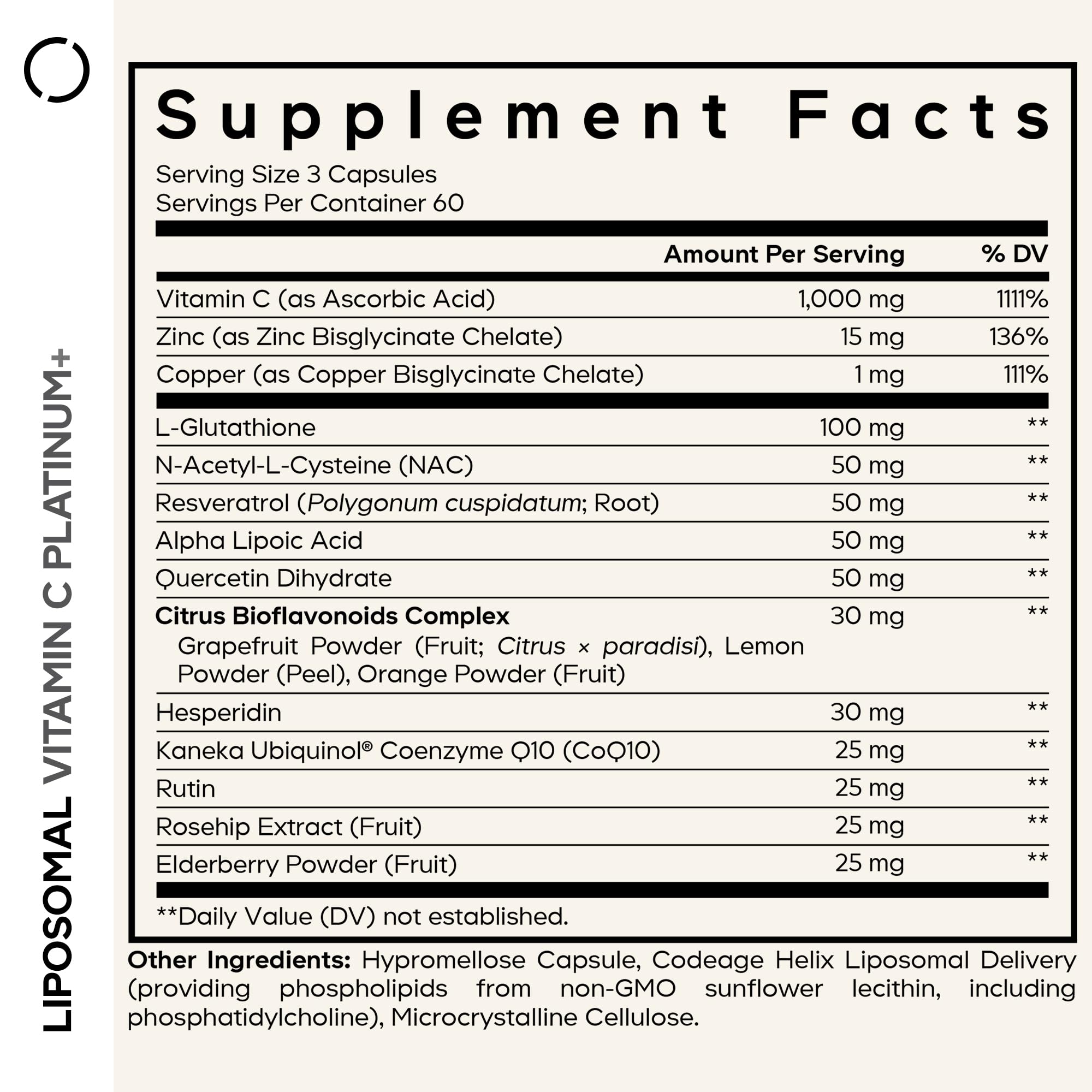 Codeage Liposomal Vitamin C+ Platinum - 1000 Mg Vitamin C Vitamins, Glutathione, NAC (N Acetyl Cysteine), Resveratrol, CoQ10, Rutin, Elderberry, Quercetin, Rosehip, Citrus Bioflavonoids - 180 Capsules Codeage Au supplements