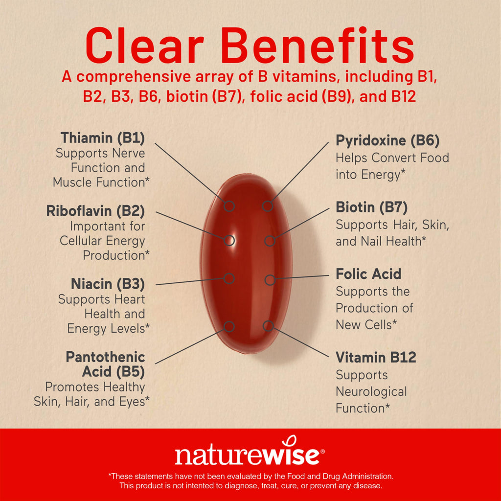 NatureWise Vitamin B Complex for Women and Men - with Folic Acid Biotin B1 B2 B3 B6 B12 - Support Cellular Energy & Mental Clarity - Gluten & Dairy Free