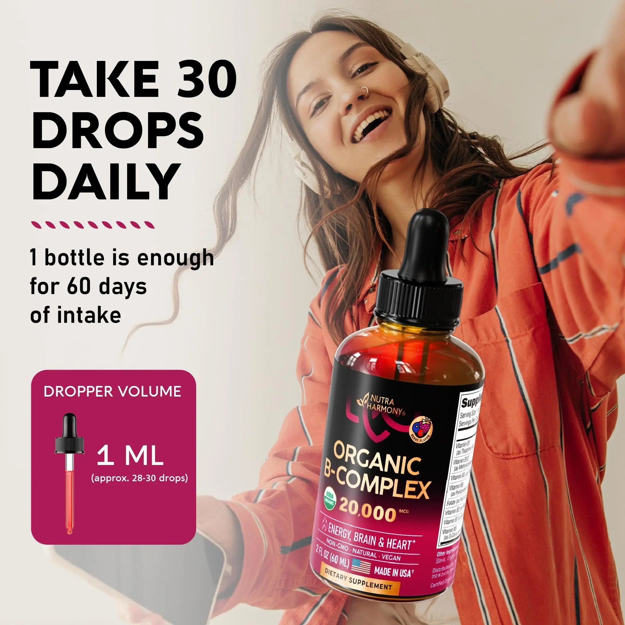 USDA Organic Vitamin B Complex Liquid Drops - 8-in-1 B Complex Vitamins: B1, B2, B3, B5 NUTRAHARMONY Au supplements