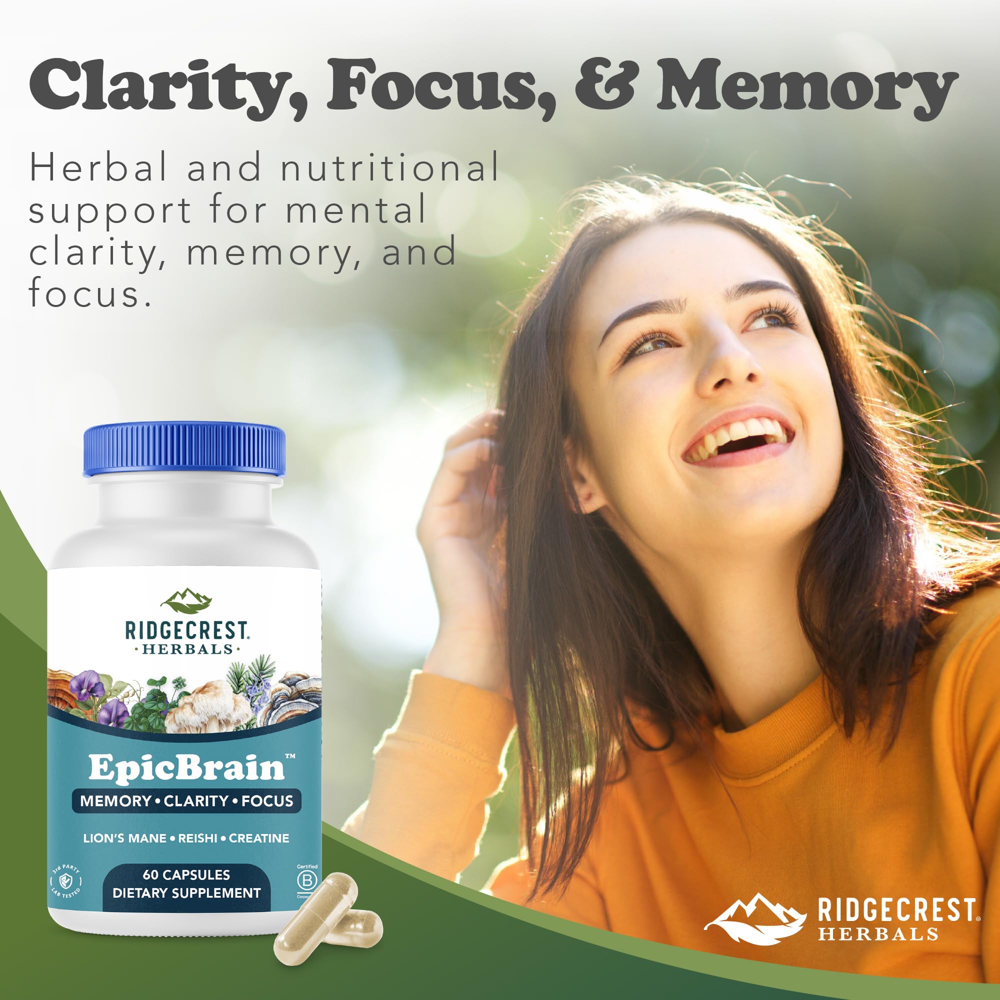 RidgeCrest Herbals EpicBrain, Natural Brain Support Supplement with Creatine Monohydrate, Lion's Mane, Reishi, Supports Mental Clarity, Memory, Focus, Stimulant-Free Nootropic (60 Count, 30 Servings) RidgeCrest Herbals Au supplements
