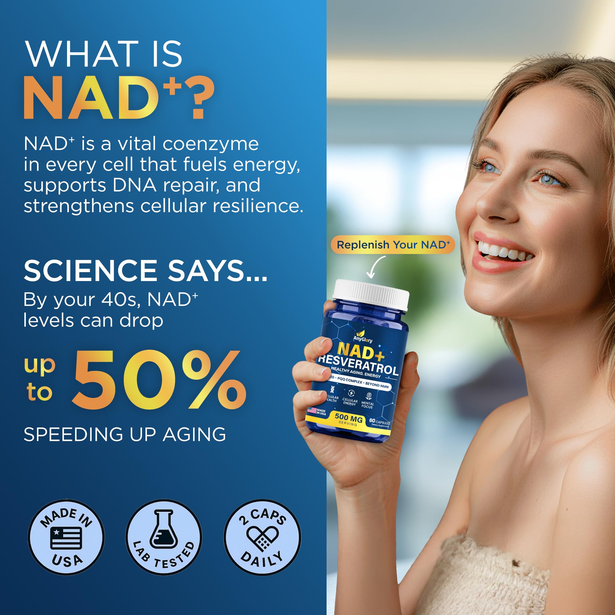 Anyglory NAD+ Supplement with 500mg NR, Resveratrol, CoQ10, PQQ- 5-in-1 NAD Formula |NMN Supplement Alternative|NAD Resveratrol Support Cellular Energy & Healthy Aging-Made in USA-60 Capsules Anyglory Au supplements