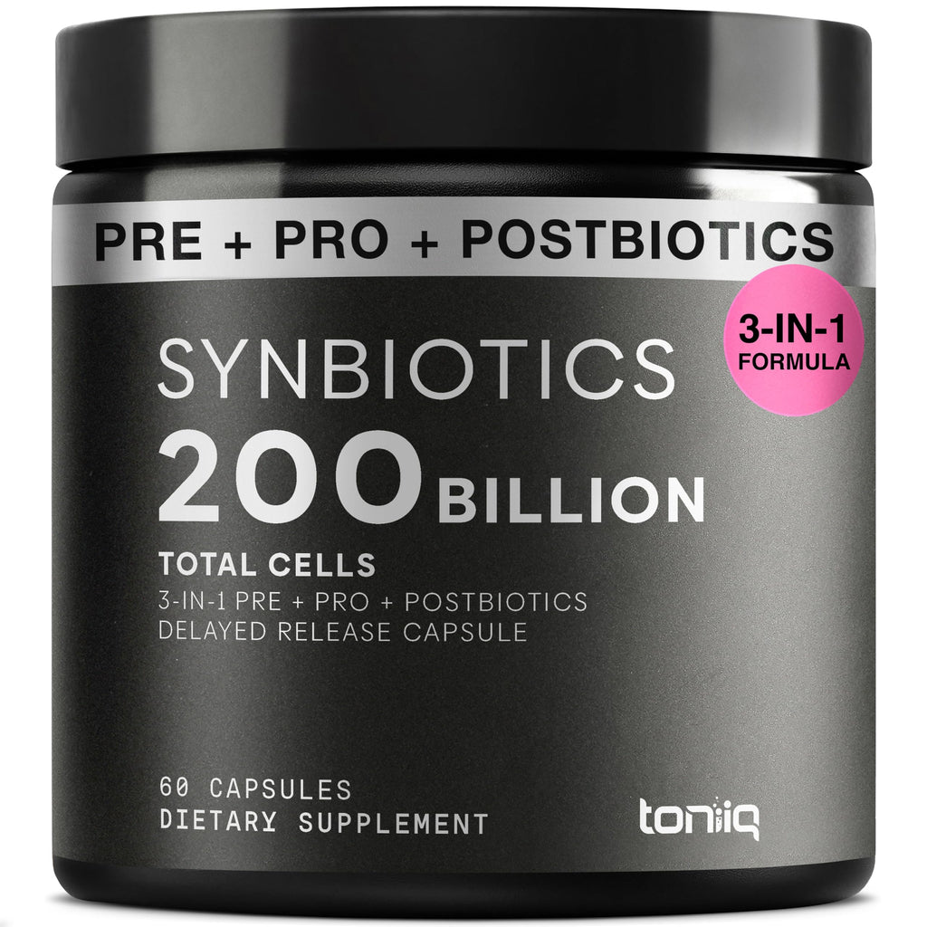 Toniiq Prebiotics and Probiotics – 200B CFU Synbiotic with Postbiotics IMMUSE® & ButyraGen® – 30 Strains for Gut & Digestive Health – Shelf-Stable