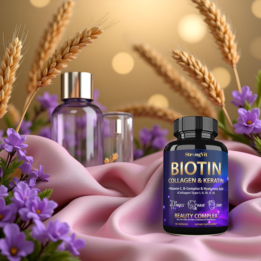StrongVit Biotin with Hyaluronic Acid, Keratin and Collagen Supplements - 10000mcg for Hair Growth Women and Men