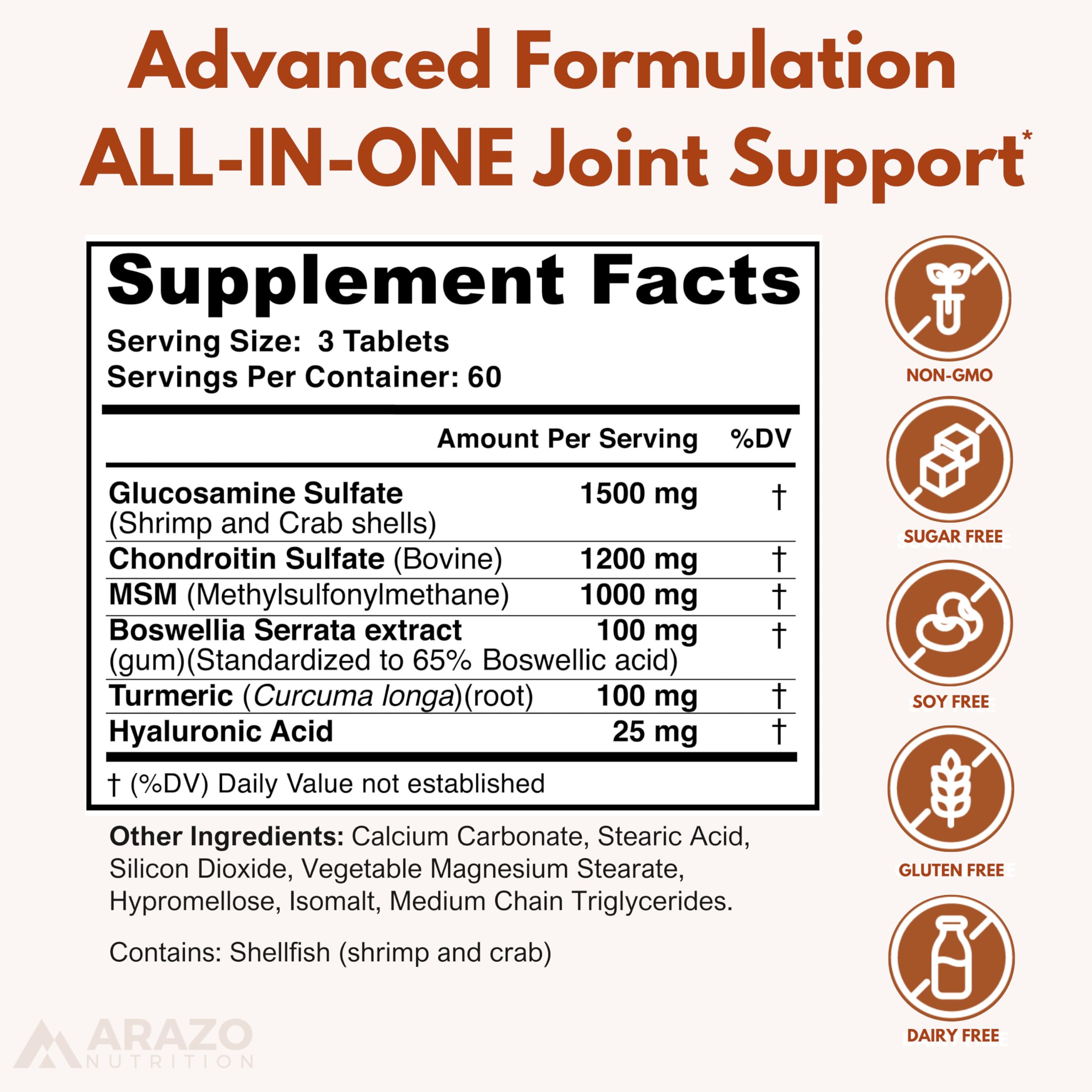 Arazo Nutrition Glucosamine Chondroitin Turmeric Msm Boswellia - Joint Support Supplement for Relief 180 Tablets for Bones, Back,
