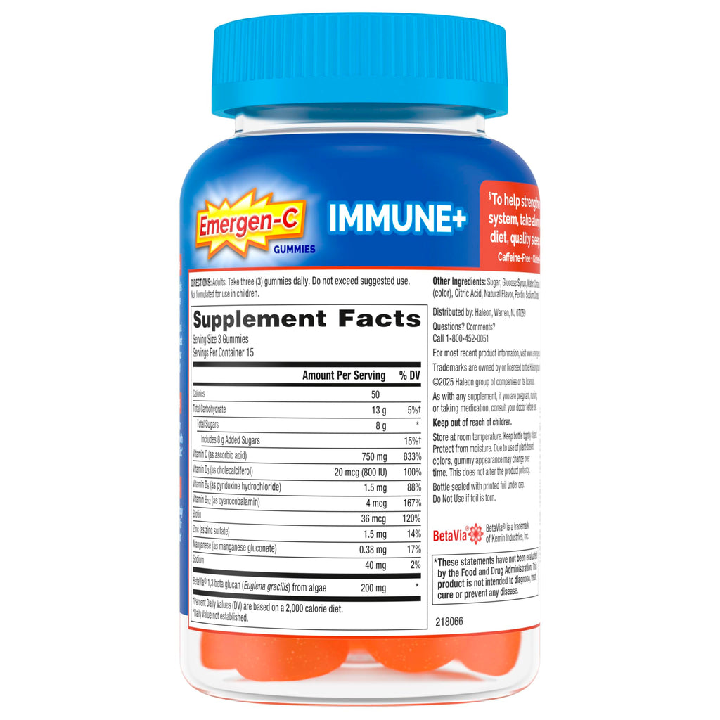 Emergen-C Immune+ Triple Action Immune Support Gummies, BetaVia (R), 1000mg Vitamin C, B Vitamins, Vitamin D and Antioxidants