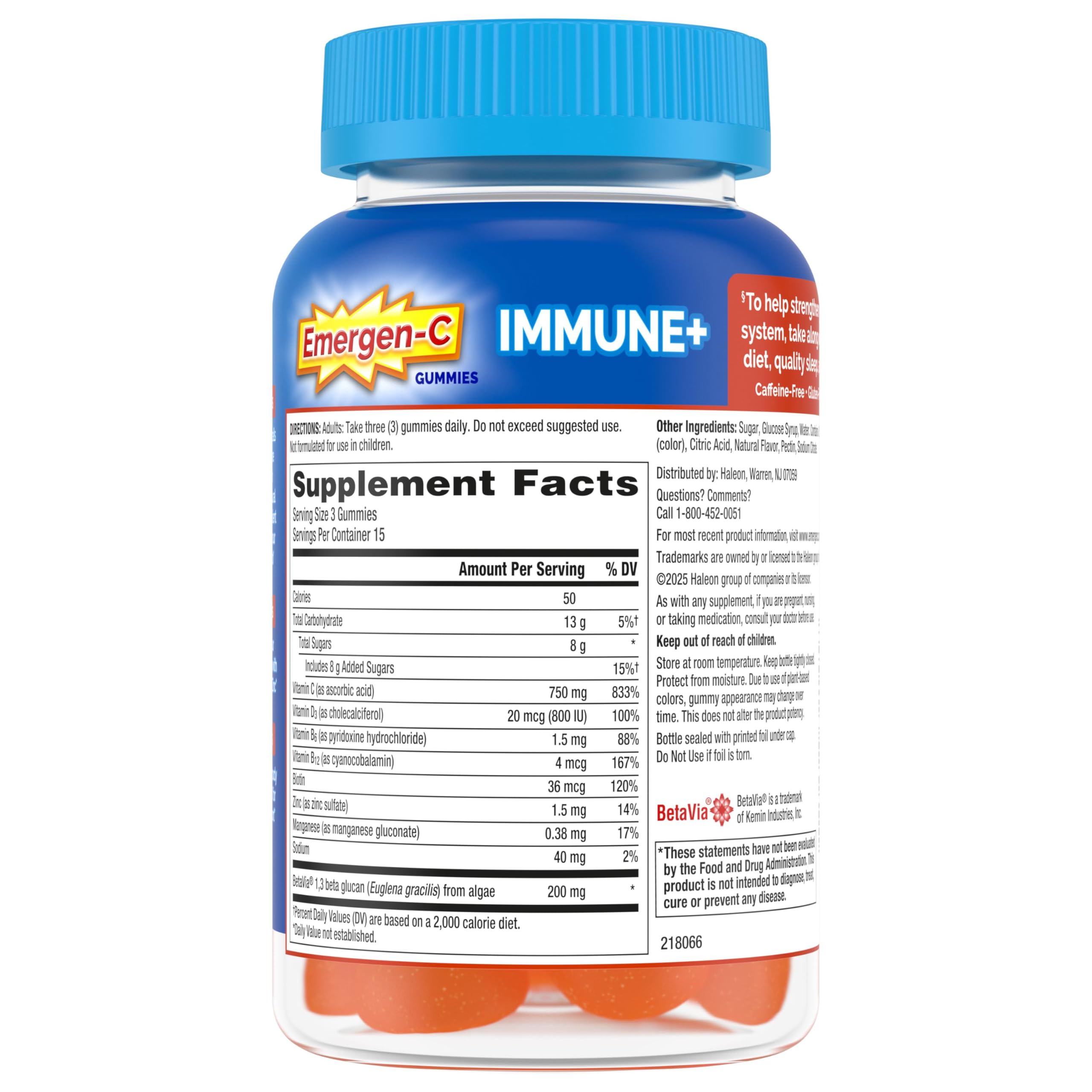 Emergen-C Immune+ Triple Action Immune Support Gummies, BetaVia (R), 1000mg Vitamin C, B Vitamins, Vitamin D and Antioxidants