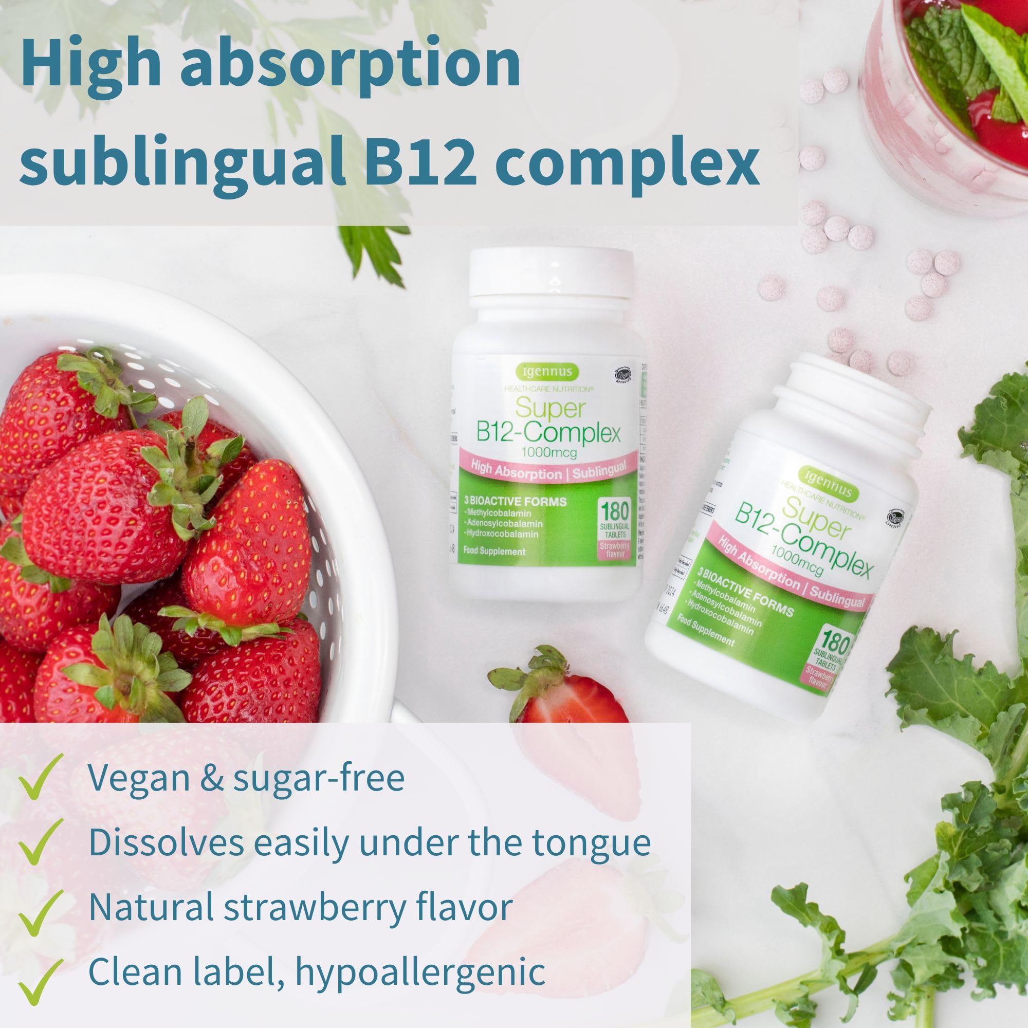 Igennus Sublingual Vitamin B12 Complex 1000mcg, Methylated Methylcobalamin, Adenosylcobalamin & Hydroxocobalamin, High Absorption & Clean,