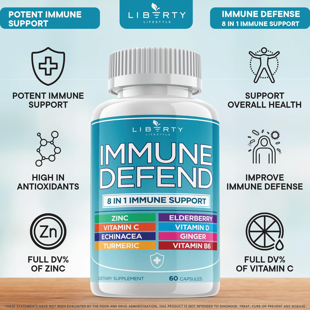 8 in 1 Immune Defense Support, Immunity Vitamins Supplement Booster Zinc 50mg, Vitamin C Elderberry VIT D3 5000 IU, Turmeric Curcumin & Ginger