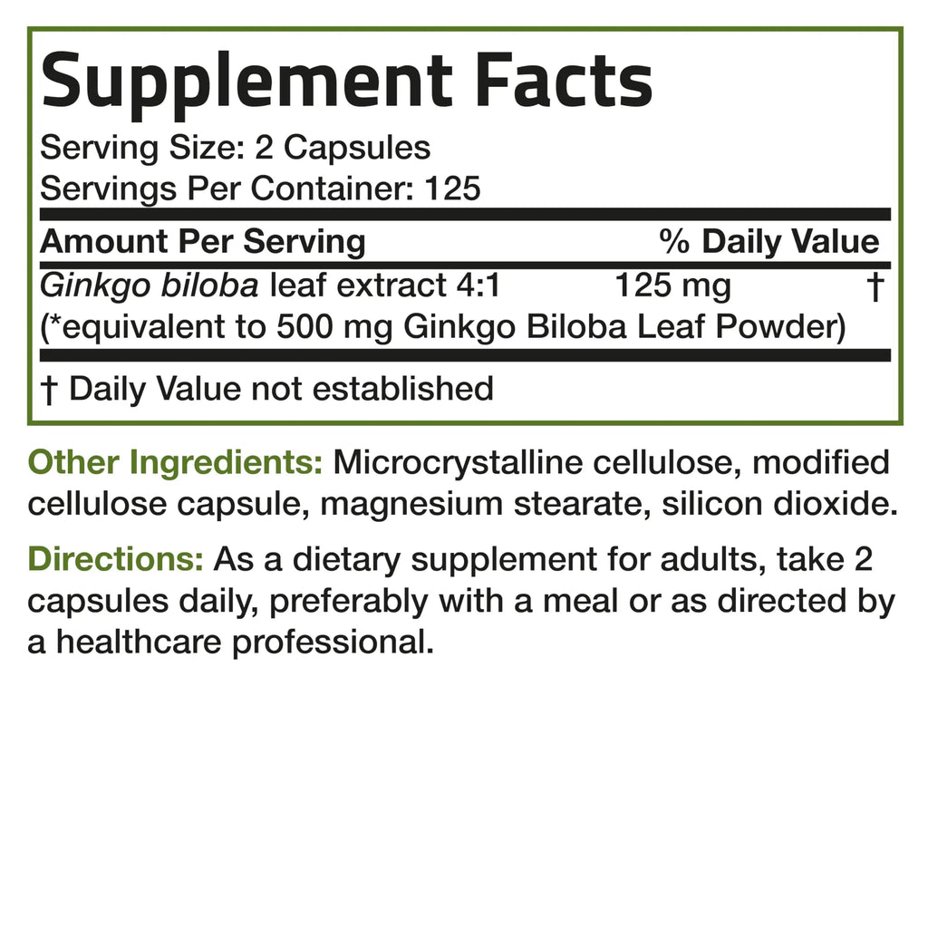 Bronson Ginkgo Biloba Extra Strength 125mg (4:1 Extract) Equivalent to 500mg Bronson Au supplements