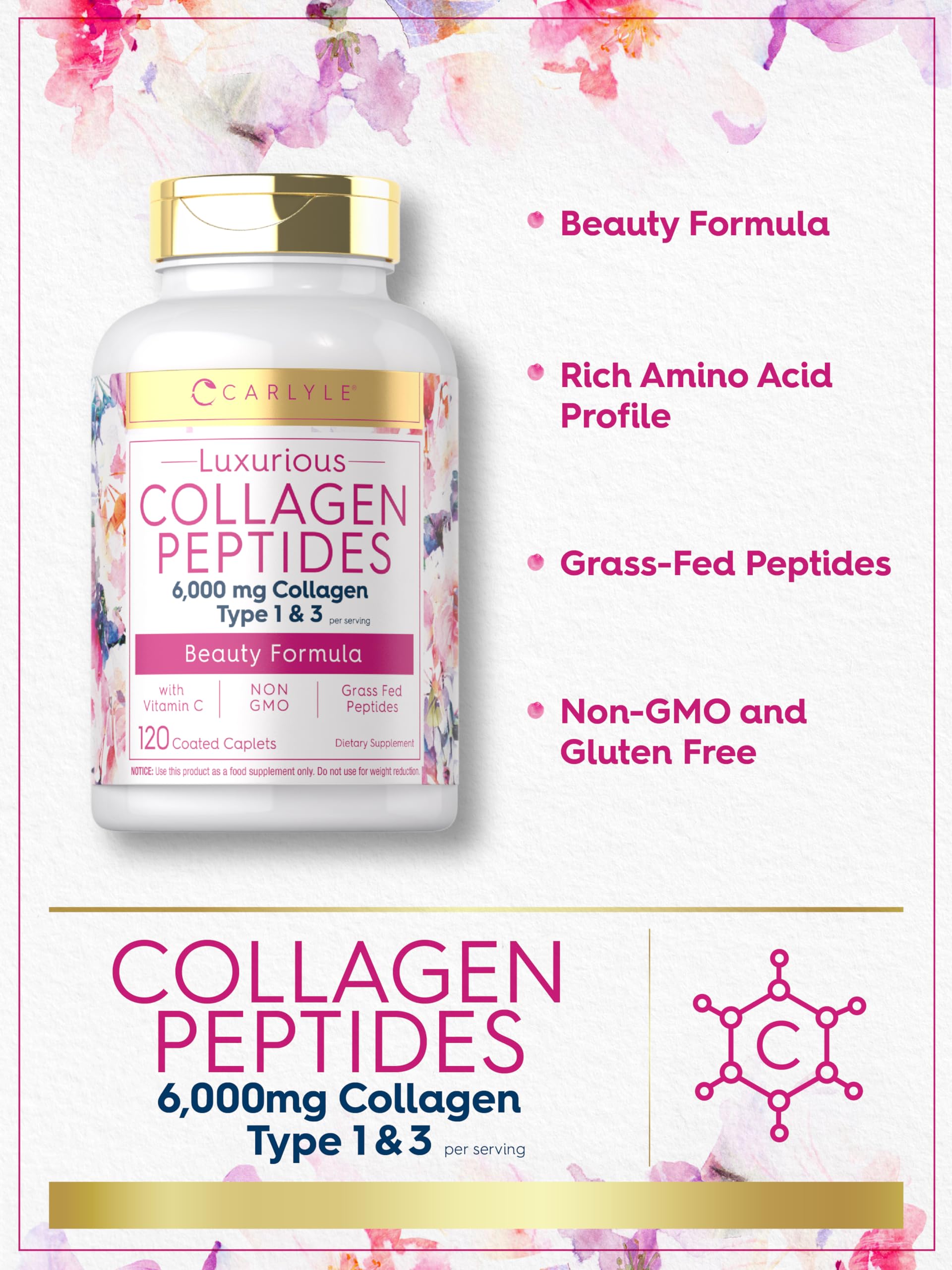 Carlyle Collagen Peptides with Vitamin C | 6000mg | 120 Caplets | Grass Fed Type II & III | Beauty Formula | Non-GMO, Gluten Free Supplement