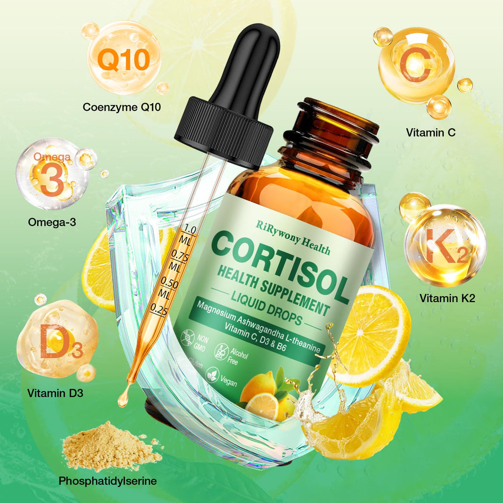 Cortisol Supplement for Women & Men - Cortisol Detox Reducer Magnesium Glycinate, Ashwagandha, L-Theanine, Phosphatidylserine - Hormone Balance for Calm Mood Focus Sleep (2 FL.OZ Lemon) RiRywony Health Au supplements