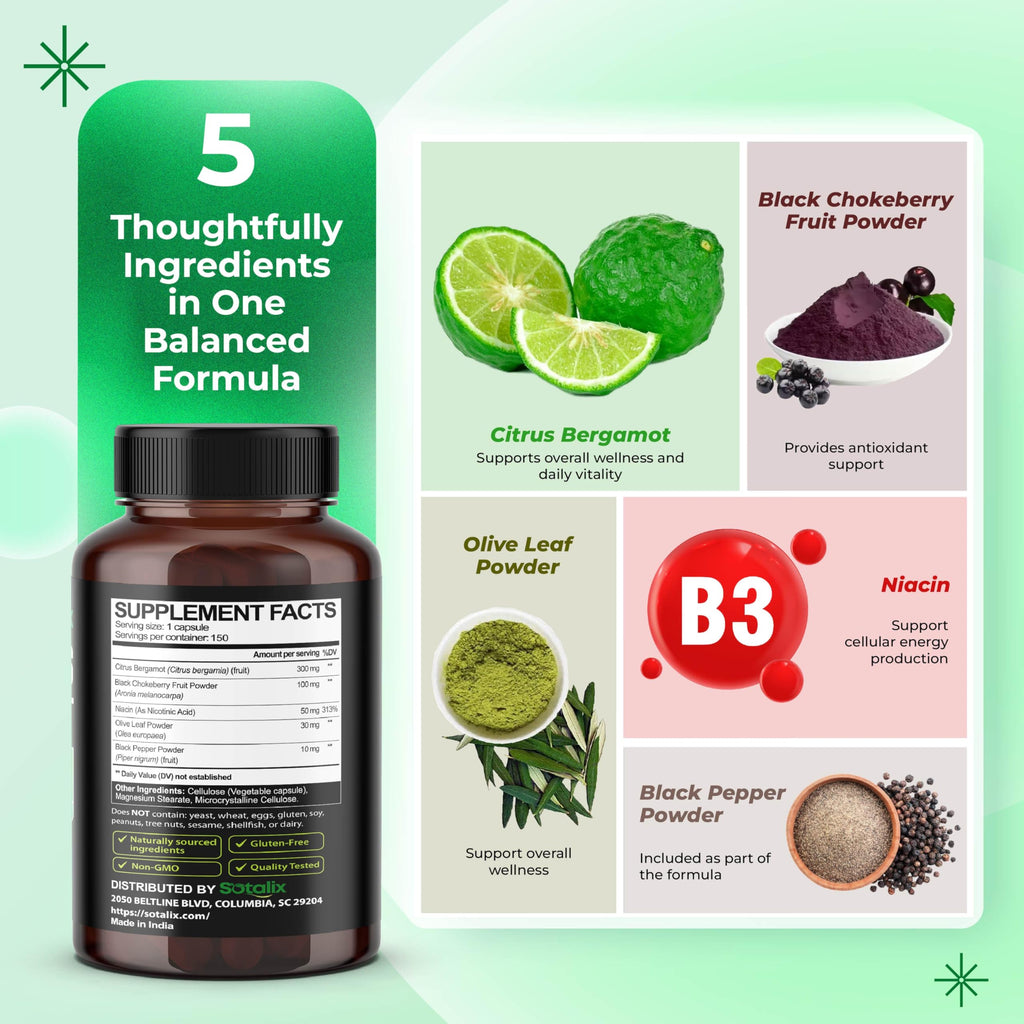 Premium Citrus Bergamot Organic Bergamot Supplement with Niacin Black Chokeberry Olive Leaf Black Pepper