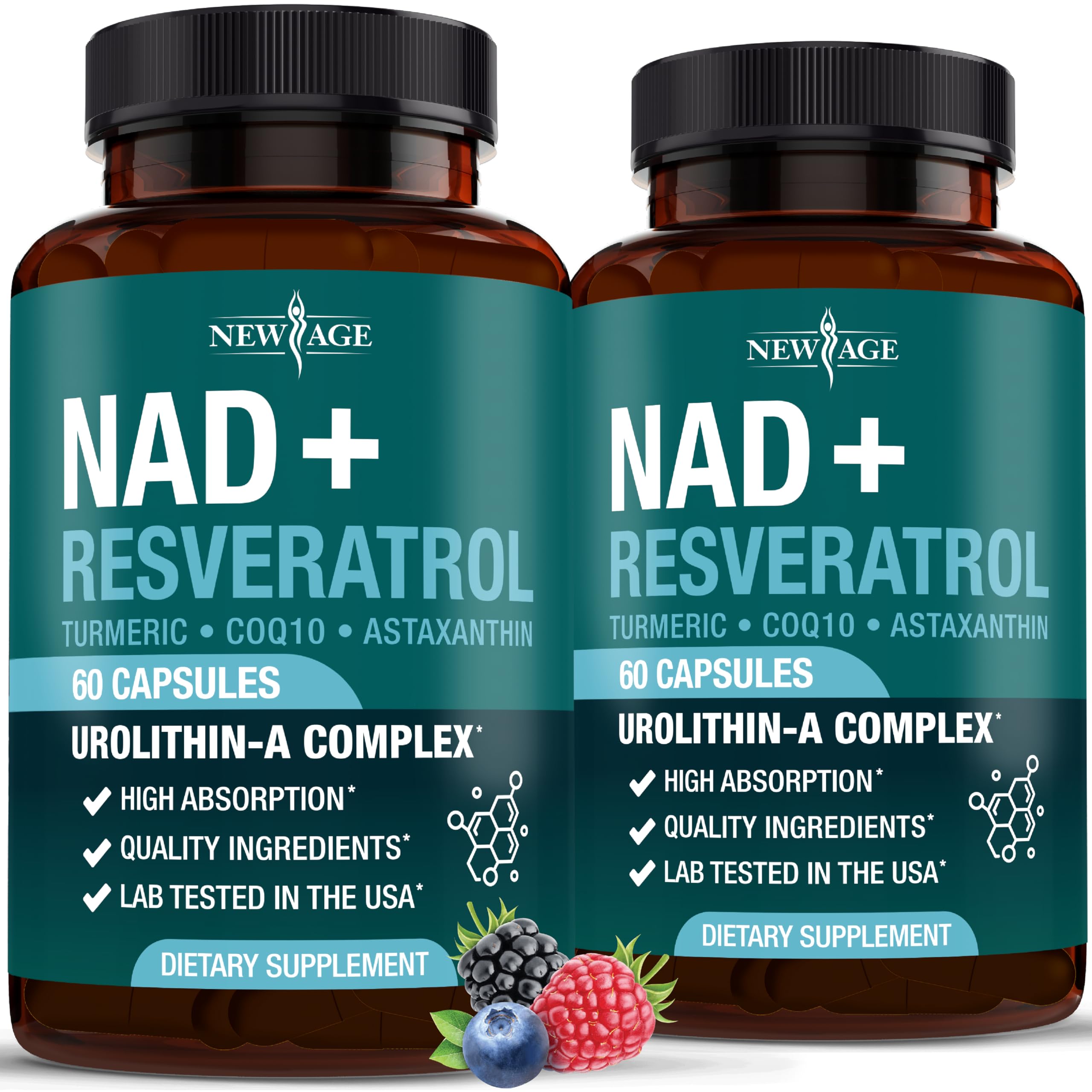 NEW AGE NAD+ Supplement Complex – NAD+ 300 mg with Astaxanthin, Urolithin A, Resveratrol, CoQ10 & Antioxidant Blend – Cellular Energy, Support or Women & Men – Vegan, Non-GMO- 120 Count NEW AGE Au supplements