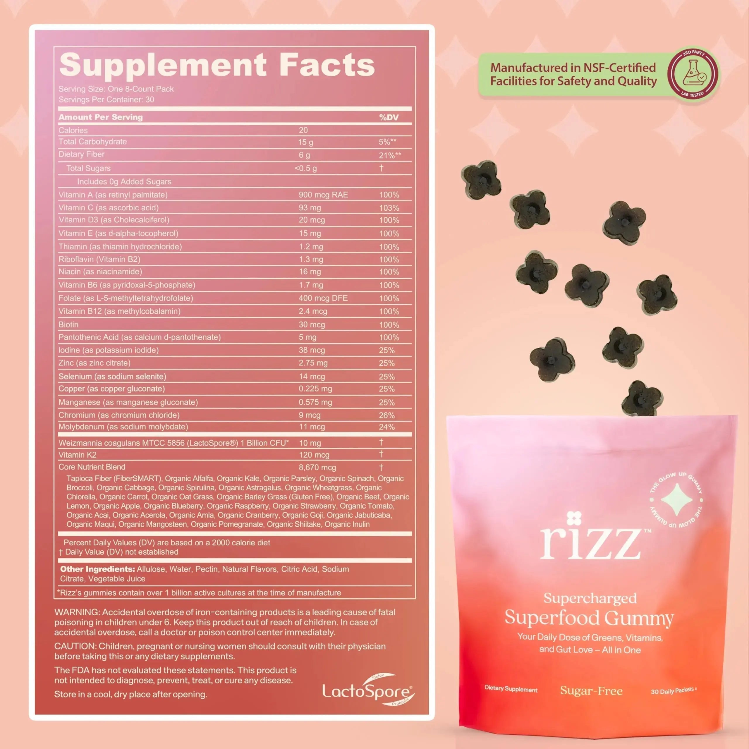 Rizz Sugar-Free Green Gummies - 60+ Superfoods 6g Fiber - Prebiotic and Probiotic Gummies - Vegan Multivitamins for Women & Men Rizz Au supplements