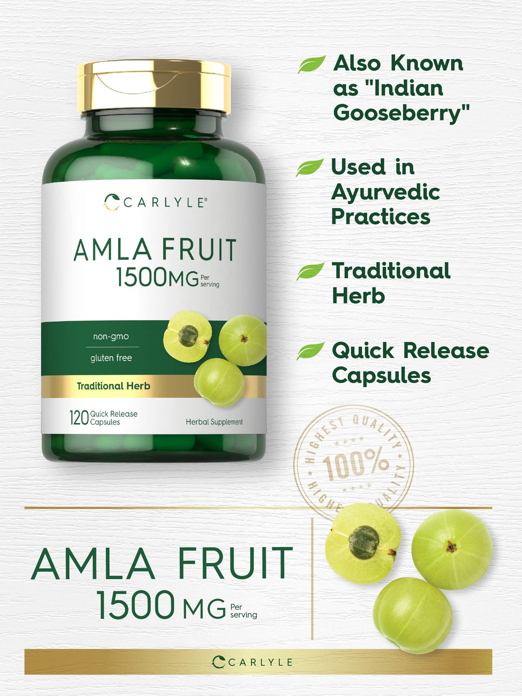 Carlyle Amla Capsules 1500mg | 120 Count | Amalaki Fruit | Herbal Extract Supplement | Non-GMO and Gluten Free