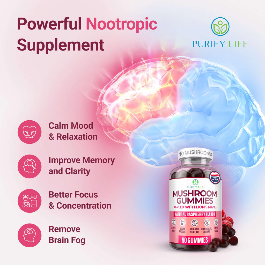 World's First Mushroom Complex Gummies with Lions Mane, Immune Support & Stress Relief, Nootropic Mushroom Supplement for Adults & Children (90 Chews 2500mg/serving) Purify Life Au supplements