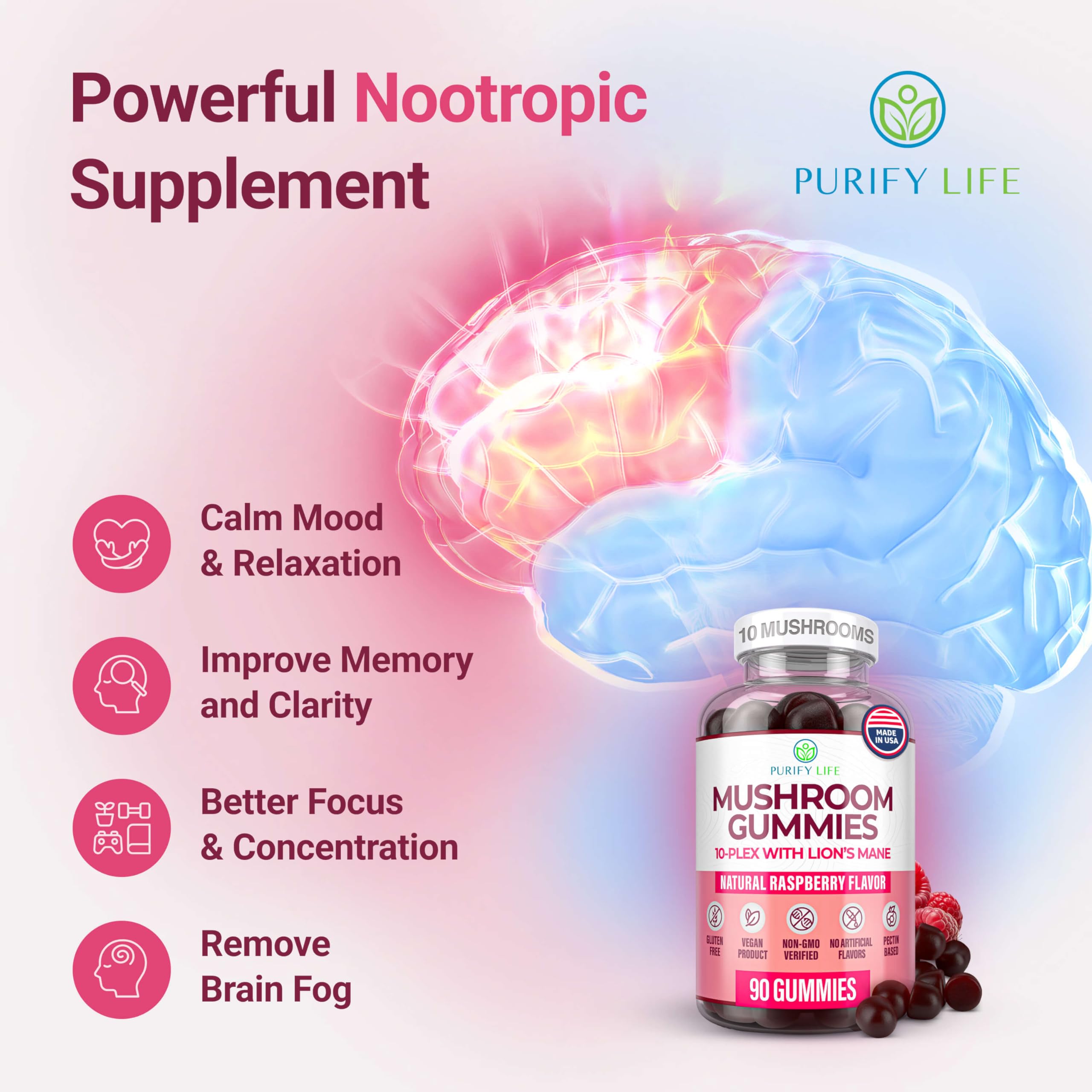 World's First Mushroom Complex Gummies with Lions Mane, Immune Support & Stress Relief, Nootropic Mushroom Supplement for Adults & Children (90 Chews 2500mg/serving) Purify Life Au supplements