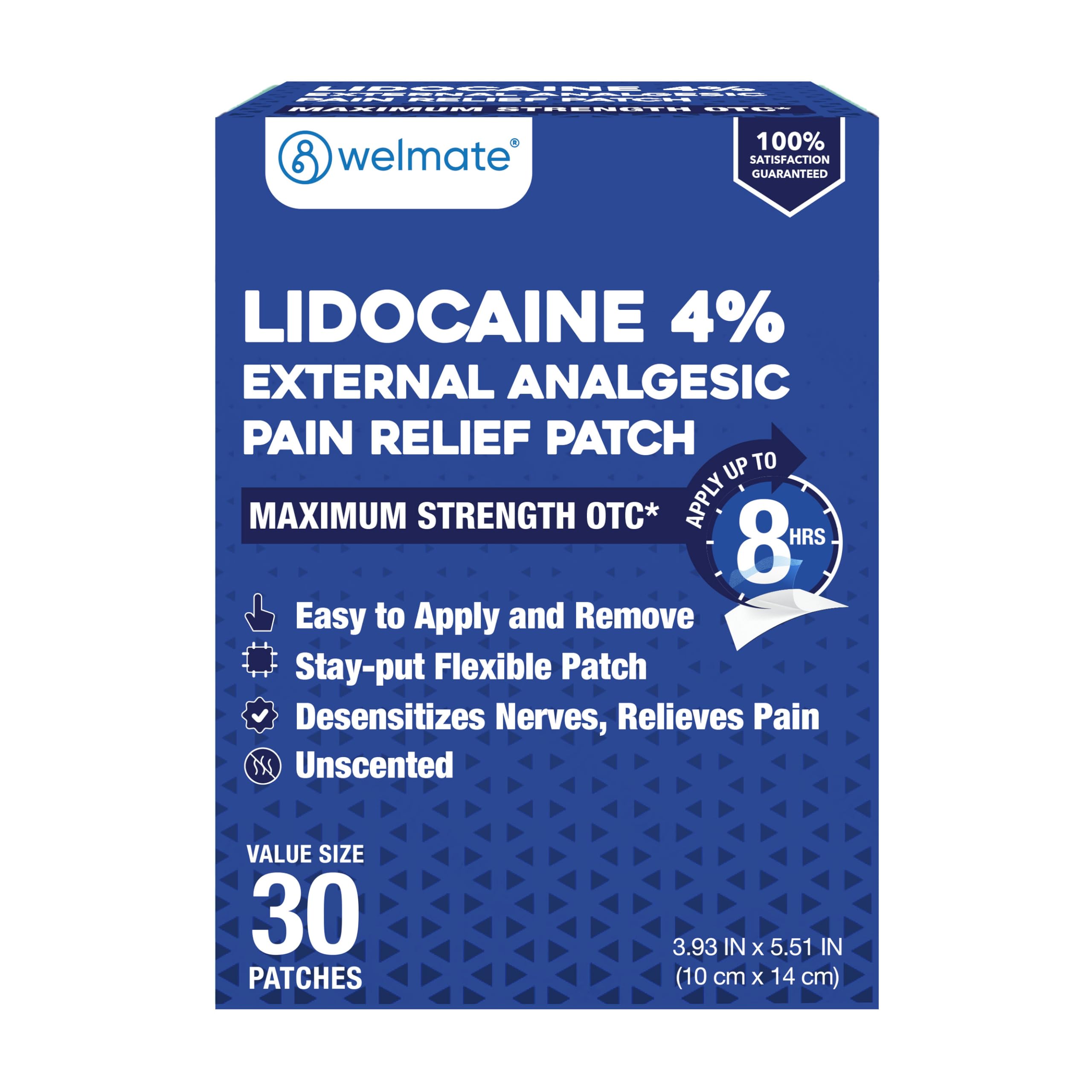 WELMATE - 4% Lidocaine Numbing Patch - Maximum Strength - Temporary Relief of Pain, Back, Neck, Shoulders, Knees, Elbows, Minor Skin Irritations - Topical Analgesic Unscented - 30 ct WELMATE Au supplements