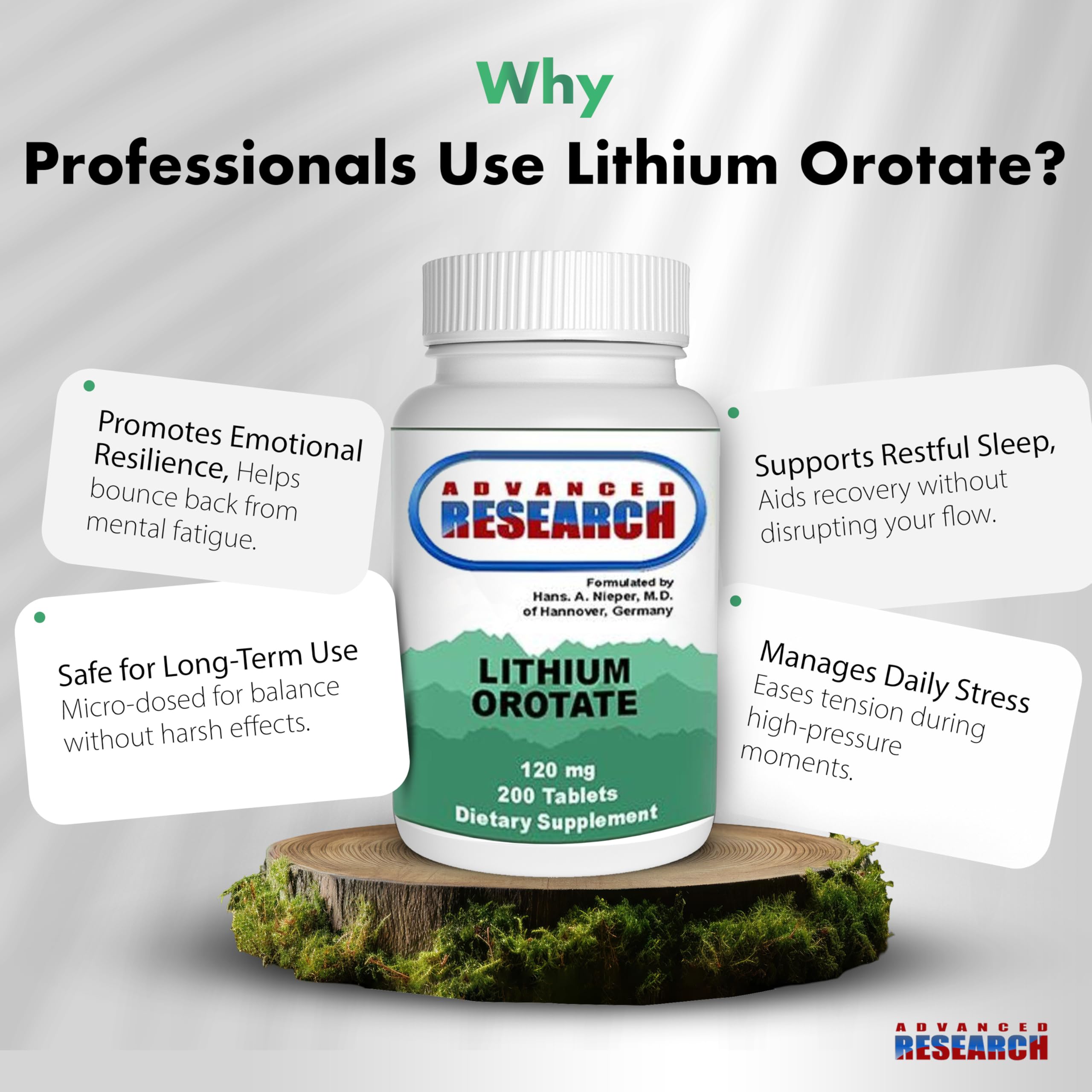 NCI Advanced Research Dr. Hans Nieper Lithium Orotate 5mg, 200 Count, Lab Tested, Non-GMO, Gluten Free, Vegan Friendly