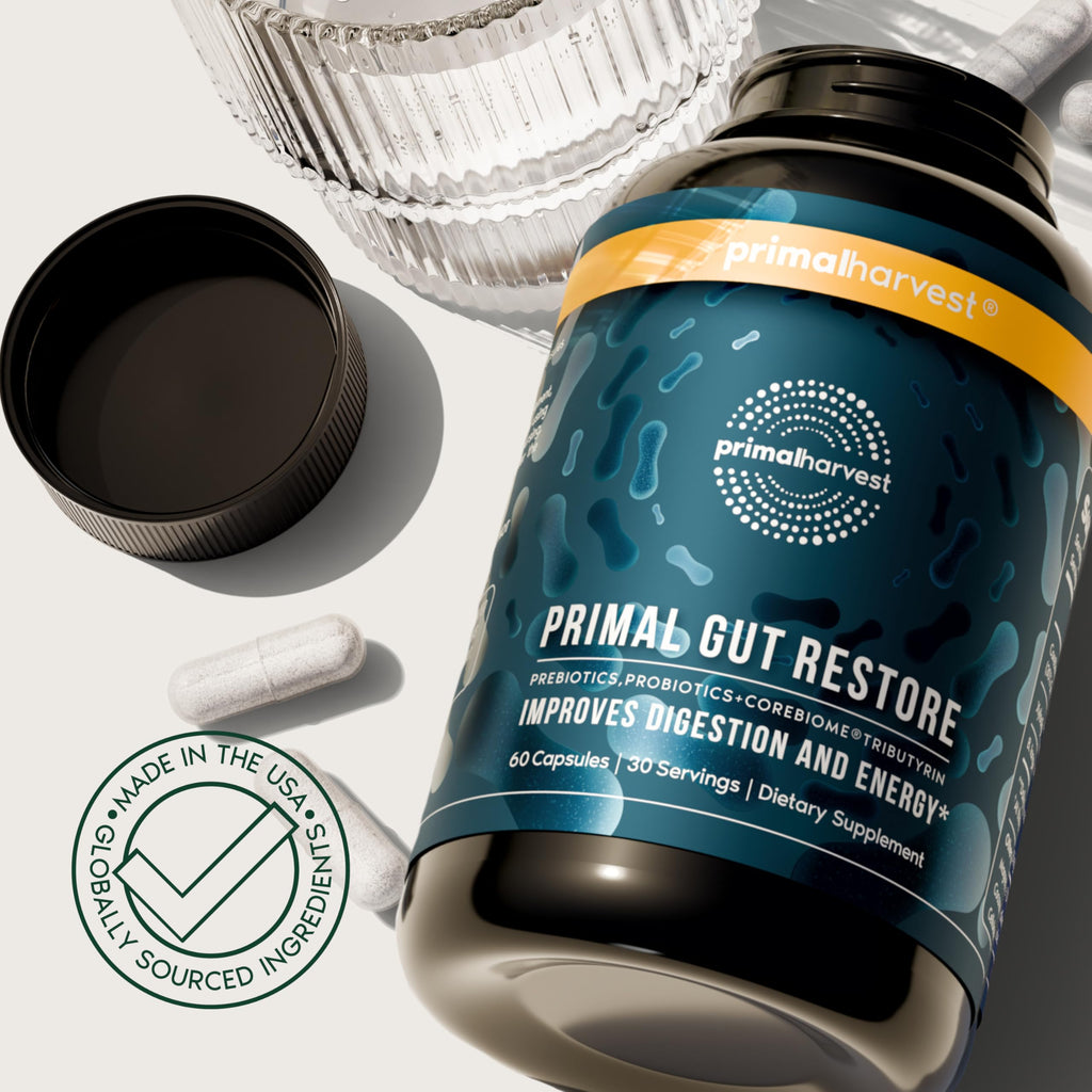 Primal Harvest 2 Pack, Restore for Gut Health, Primal Gut Restore w/POSTbiotics, PREbiotics and PRObiotics for Women and Men, 60 CT - Digestion,