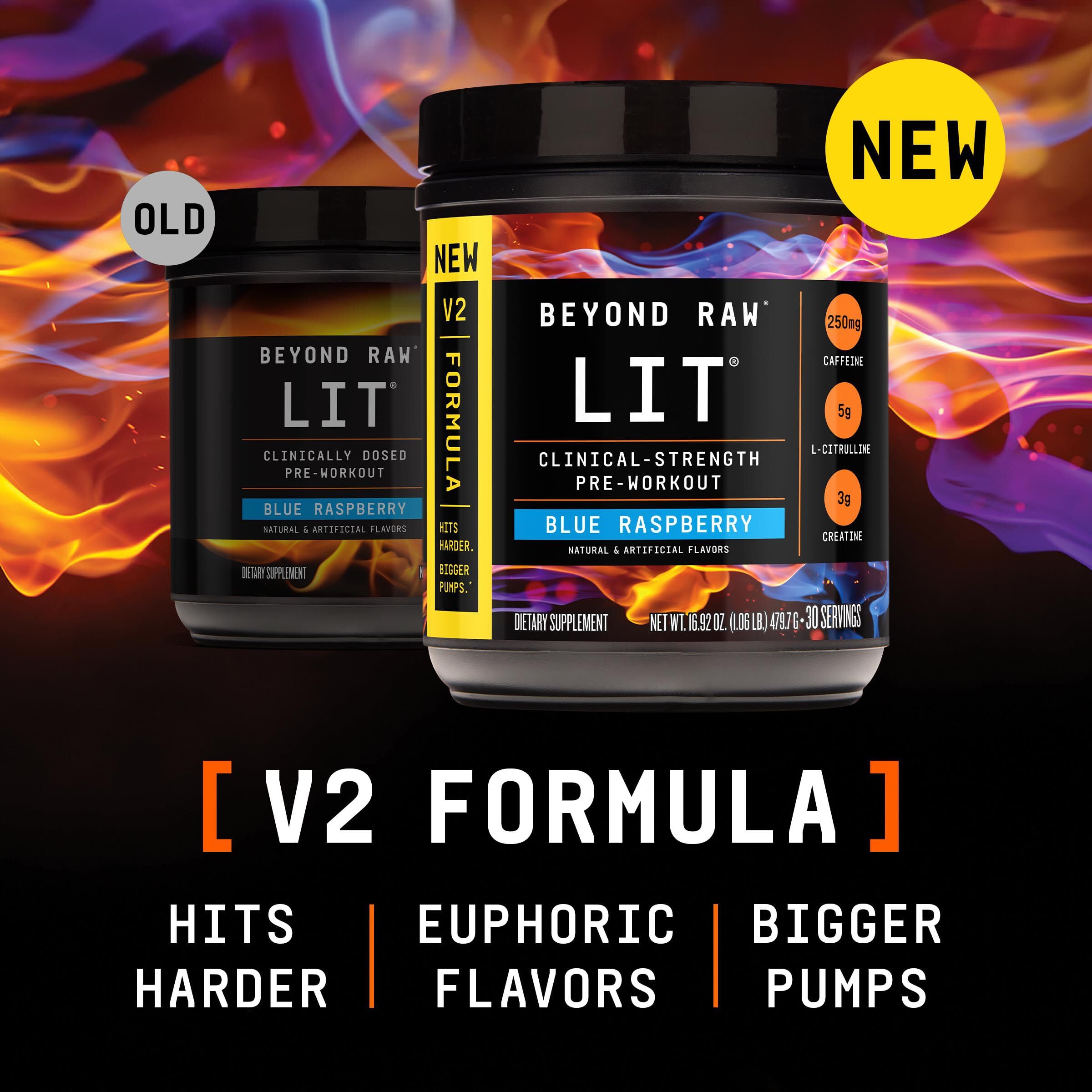 BEYOND RAW LIT V2 Clinical Strength Pre Workout Powder, Hits Harder, Bigger Pumps, Caffeine, L-Citrulline, Creatine, Blue Raspberry, 30 Servings