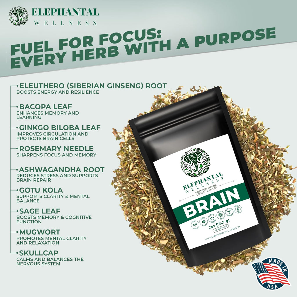 Elephantal Wellness Premium Brain Herbal Tea | Nootropic Focus & Mental Clarity with Ginkgo, Bacopa, Gotu Kola & Rosemary | Non-GMO, Caffeine-Free Coffee Alternative, Handmade Loose Leaf Blend, 2oz Loose Leaf, 20 Servings Elephantal Wellness Au supplements