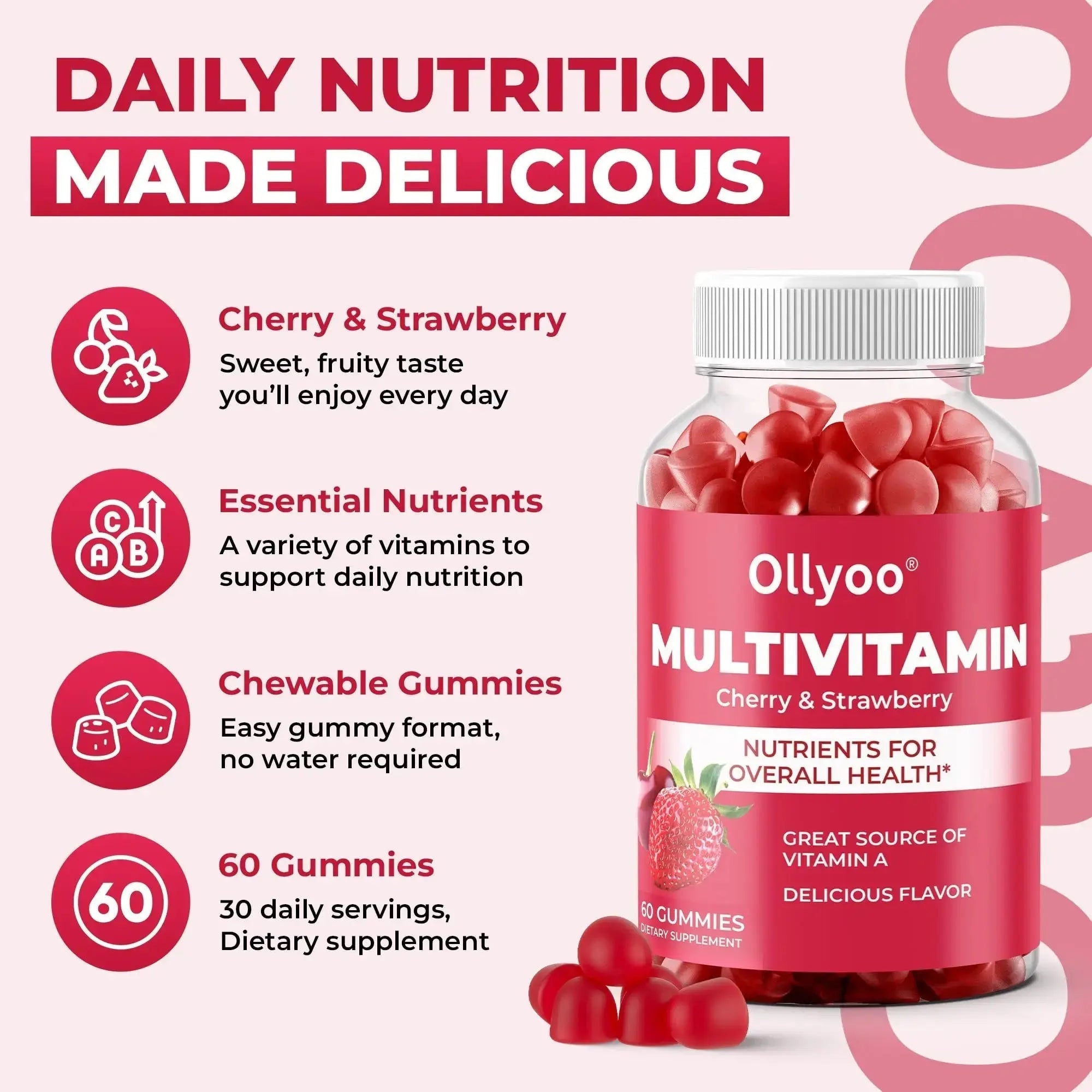 Ollyoo Multivitamin Gummies for Adults | Cherry & Strawberry Flavor | Great Source of Vitamin A & Essential Nutrients | Ollyoo Au supplements
