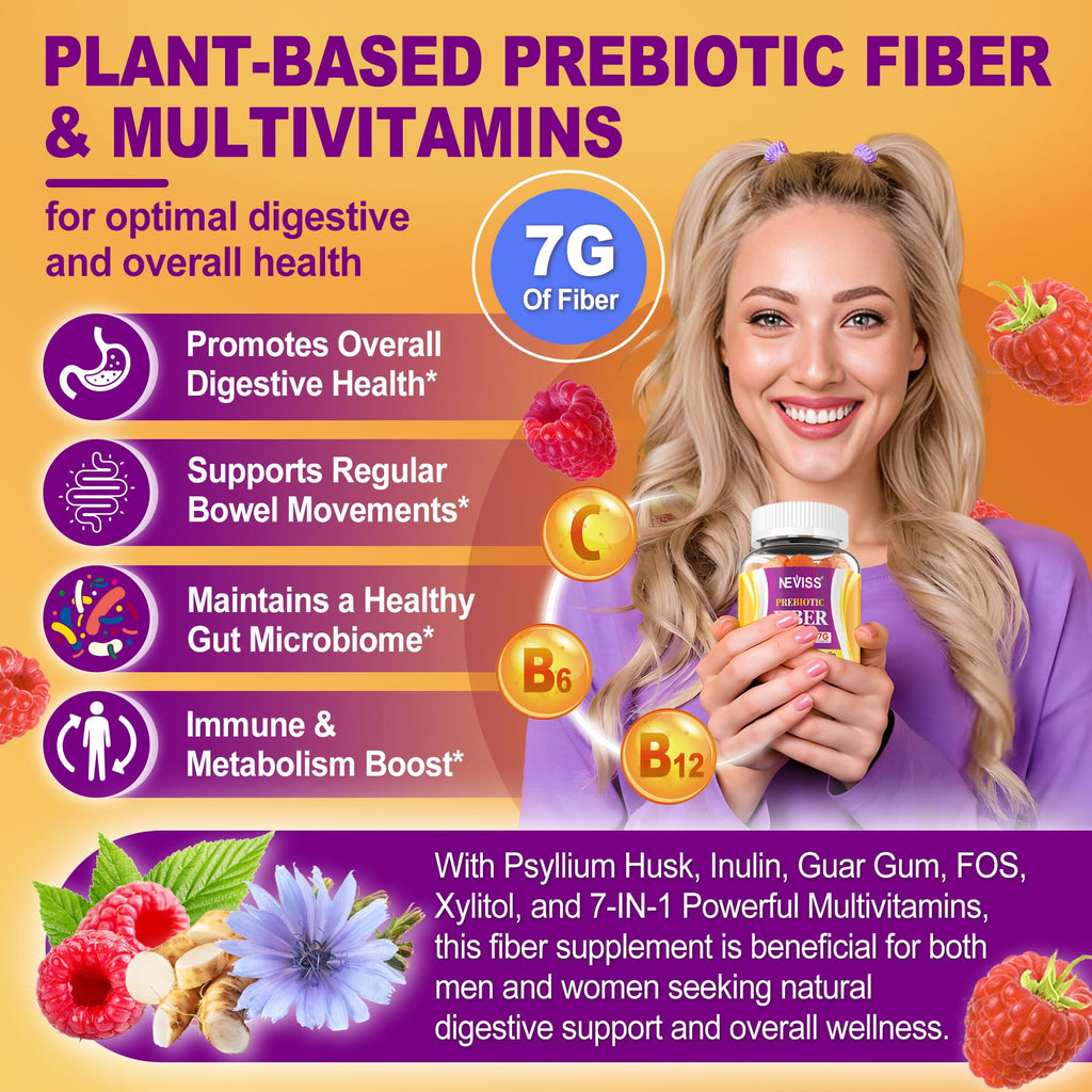 Fiber Gummies for Adults with Psyllium Husk, 7G(Soluble + Insoluble) Daily Prebiotic Fiber with Inulin, FOS, Guar Gum, Multivitamins for Daily Digestive Health,