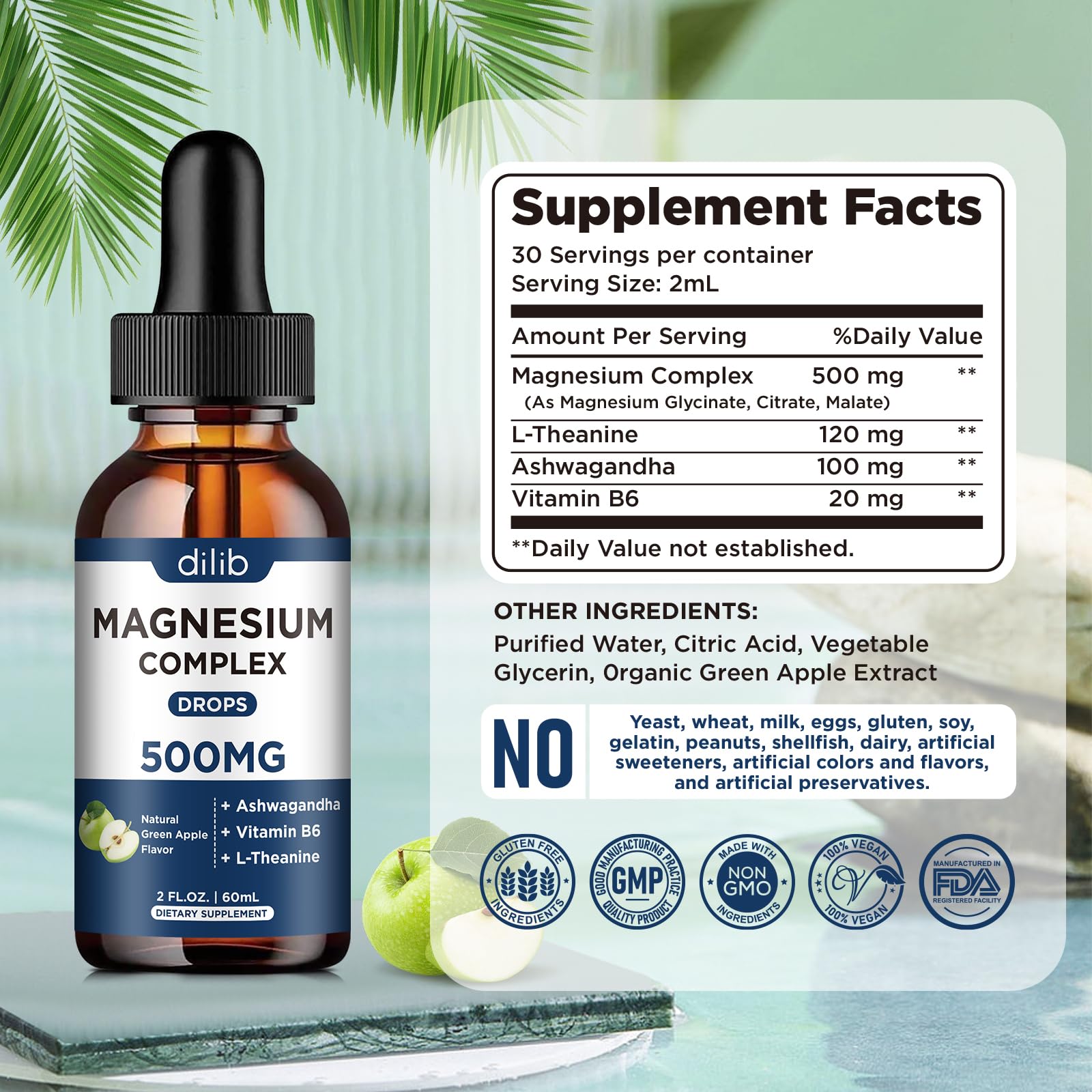 Triple Magnesium Complex Supplement-Magnesium Glycinate, Citrate, Malate Liquid Drops 500mg with Ashwagandha, L-Theanine, B6 for Calm, Stress Relief, Sleep, Muscle Support-Green Apple Flavor dilib Au supplements