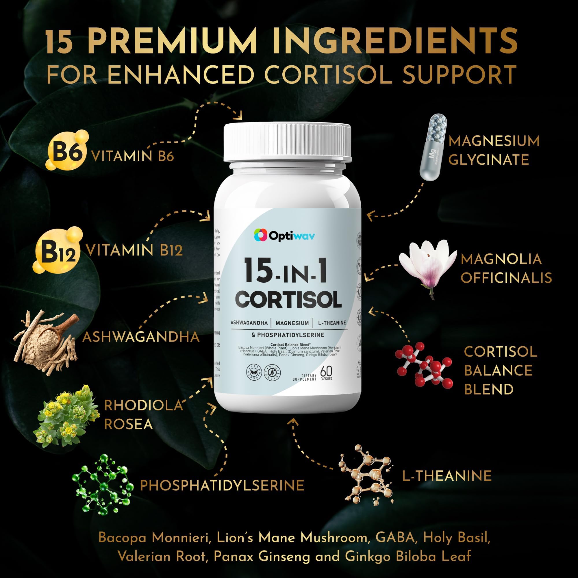 Optiwav Cortisol Detox Supplement for Women Men - Control & Lowering High Cortisol Level - Balance Calm Stress Relief Cleanse Adrenal Health Support - Magnesium Ashwagandha Cortisol Blocker Reducer Optiwav Au supplements