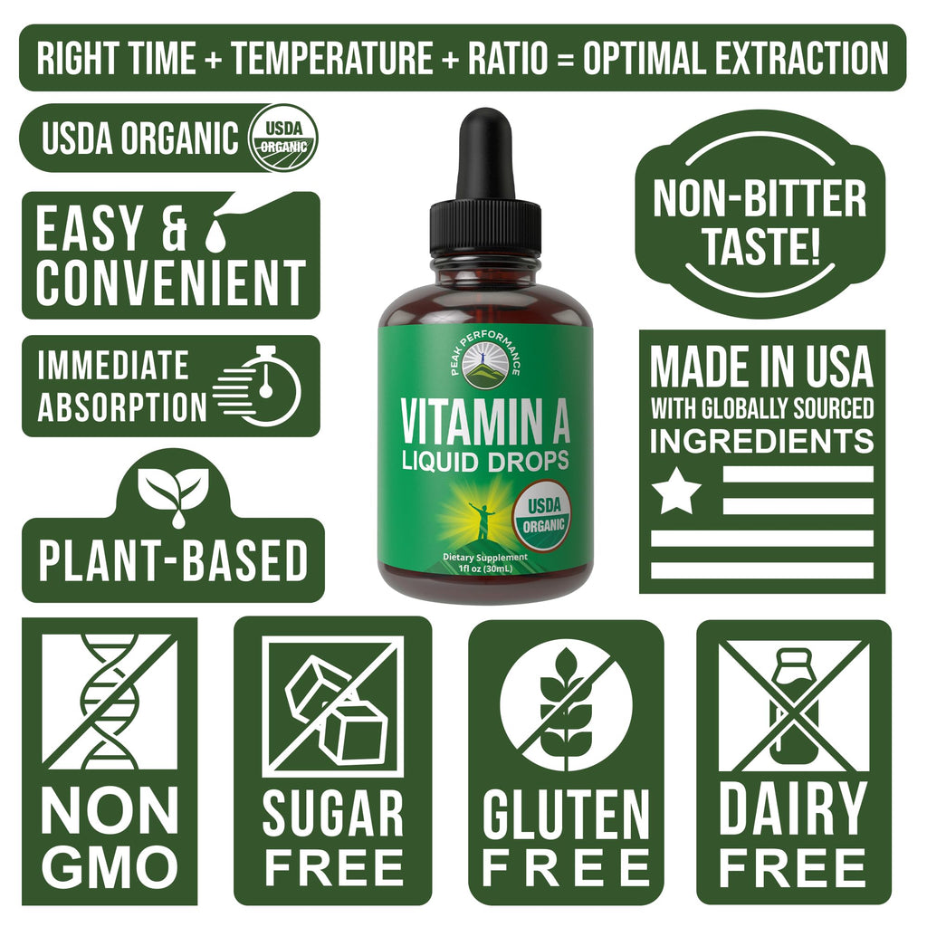USDA Organic Vitamin A Liquid Drops Supplement. Vegan High Bioavailability for Eye, Skin + Bone Health. for Adults, Men, Women, Kids. Vit A Oil Retinyl Palmitate. Gluten Free, Zero Sugar. 100 Servings Peak Performance Au supplements