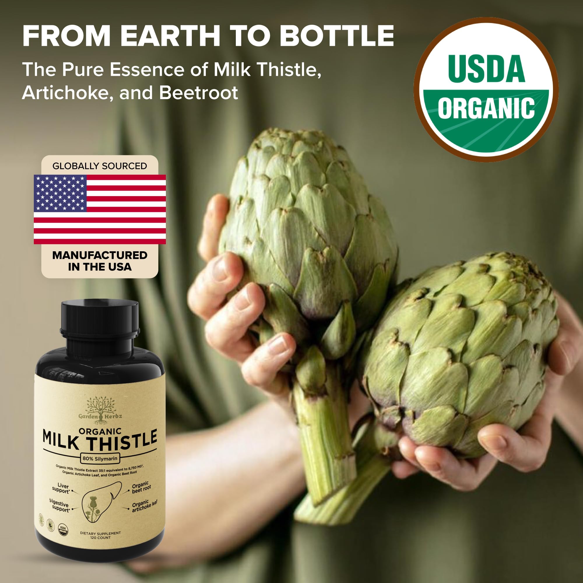 Garden of Herbz USDA Organic Milk Thistle Liver Detox Supplement 80% Silymarin, 250 mg with Beet Root & Artichoke Extract for Liver Support & Digestion,