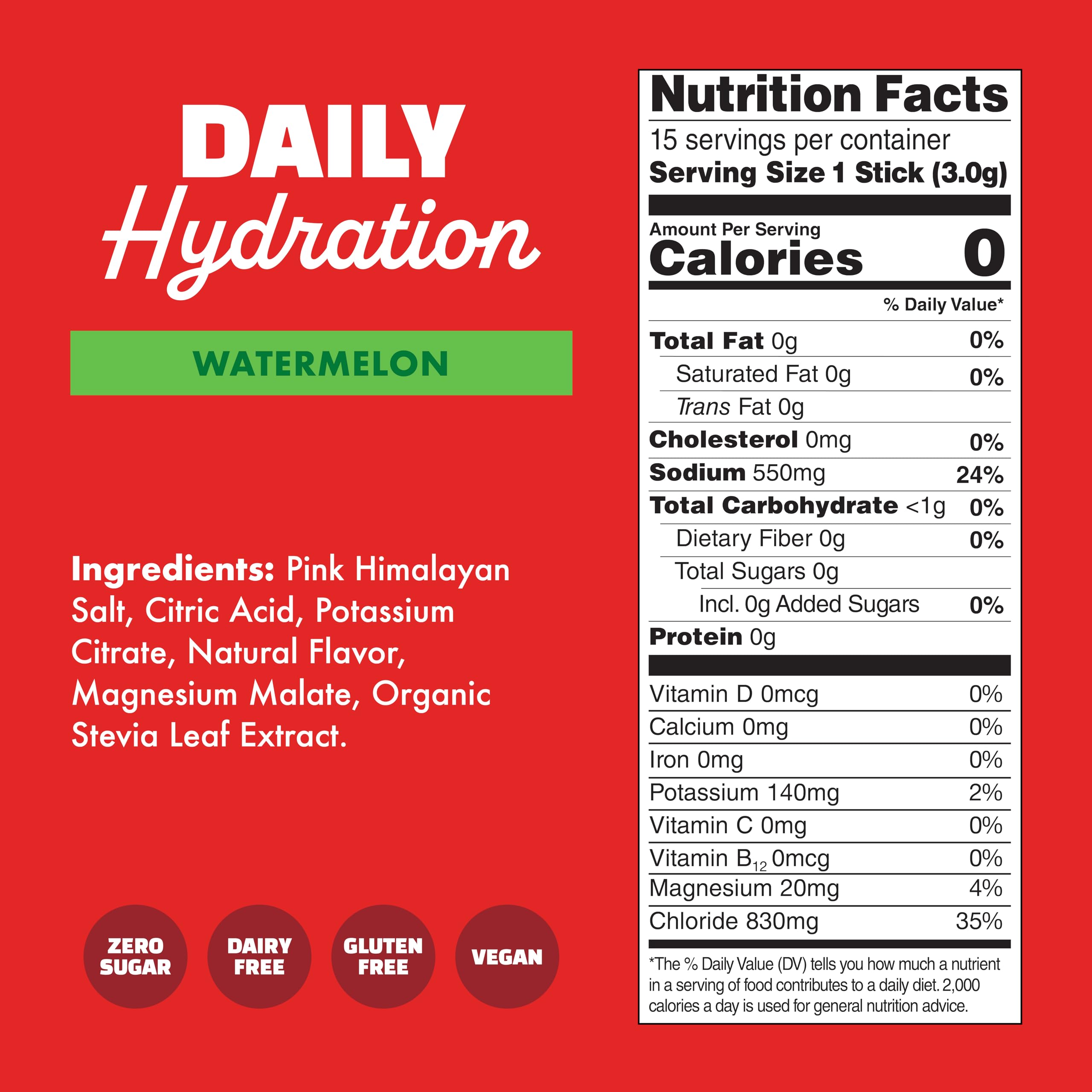 Waterboy Daily Hydration | 1,570mg Electrolyte Powder Packets | No Sugar, All Natural, Gluten Free, Zero Calories | 15 Drink Stick Mixes (Watermelon)