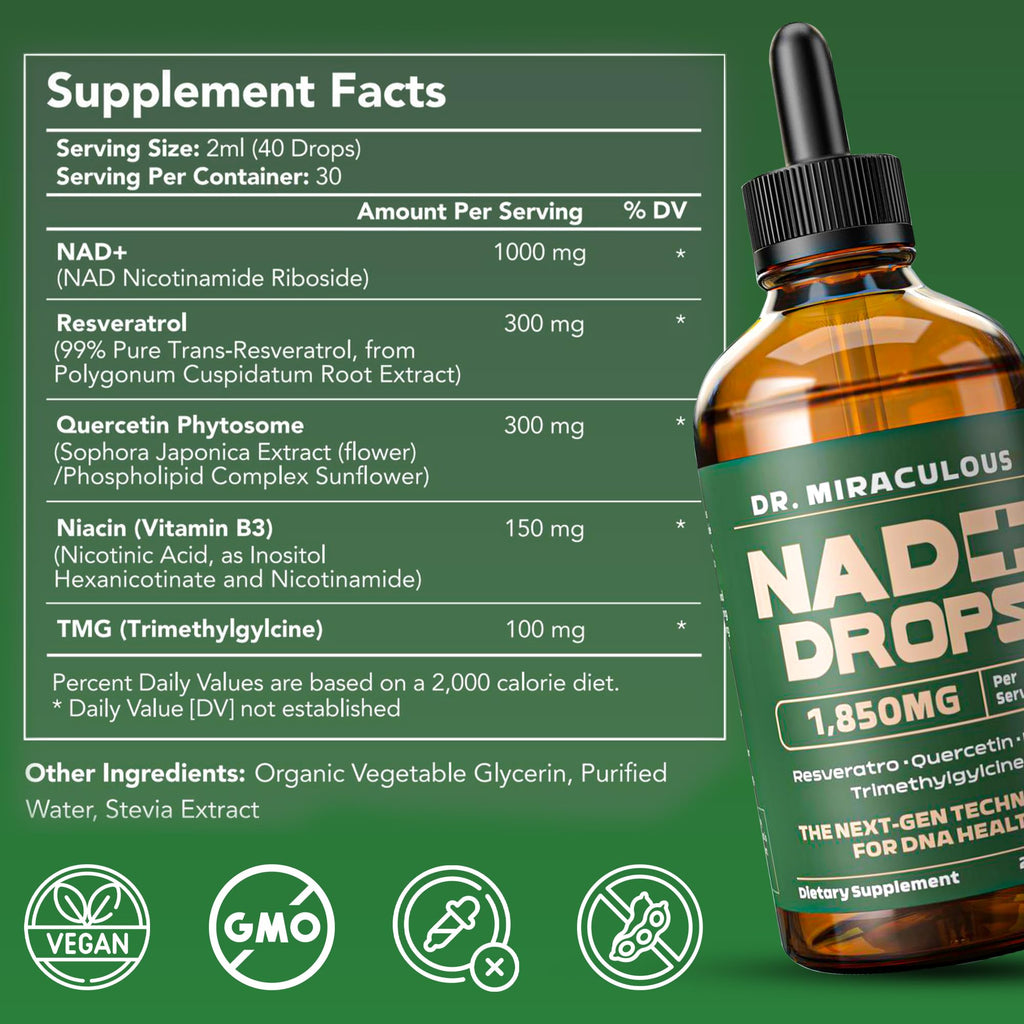 Dr. Miraculous Pure NAD+ Supplements 1850mg Liquid Drops for Women & Man | Nicotinamide Riboside Organic NAD Plus Boosting Supplement - Natural Lemon Flavor Dr. Miraculous Au supplements