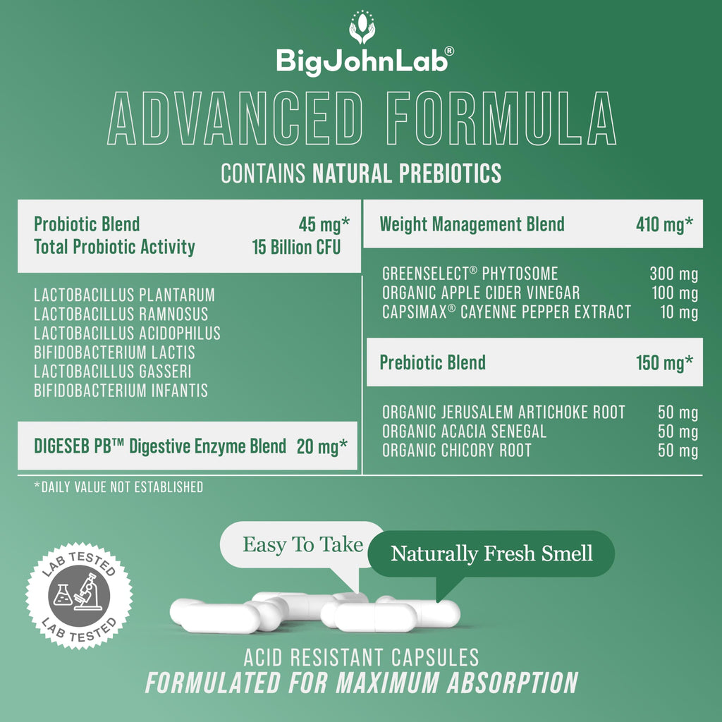 BIGJOHNLAB® - Probiotics for Weight Management & Bloating - 6 Probiotic Strains - Prebiotics - Key Ingredient Cayenne & Green Tea - Supports Gut Health - Weight Management for Women & Men - 30 CT BIGJOHNLAB Au supplements