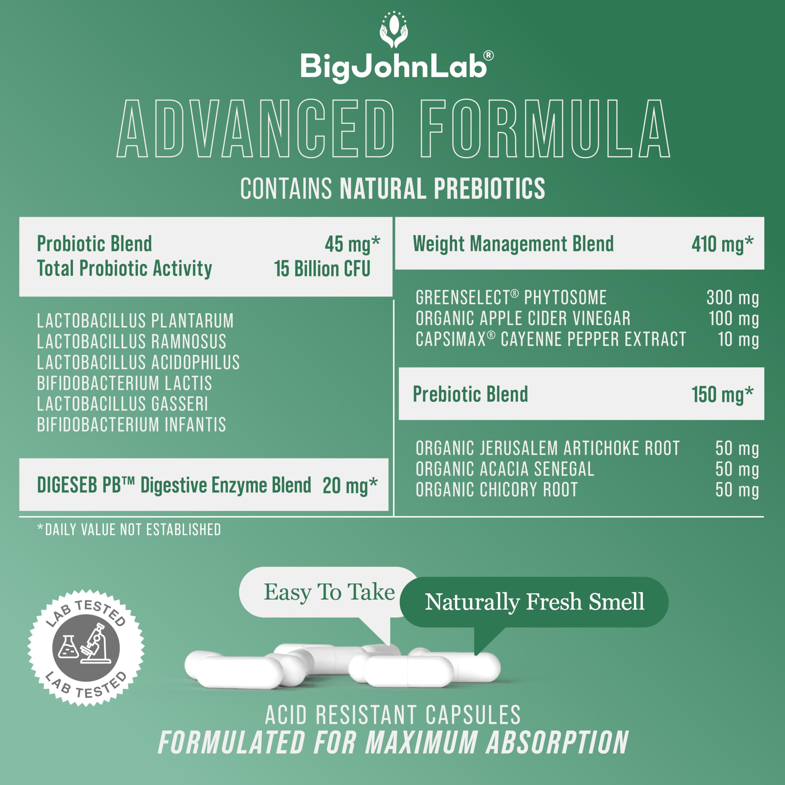 BIGJOHNLAB® - Probiotics for Weight Management & Bloating - 6 Probiotic Strains - Prebiotics - Key Ingredient Cayenne & Green Tea - Supports Gut Health - Weight Management for Women & Men - 30 CT BIGJOHNLAB Au supplements