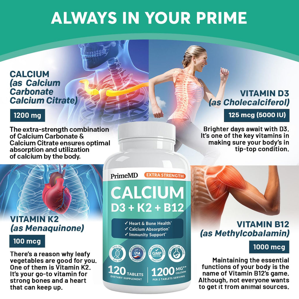 4-in-1 Calcium 1200 mg with Vitamin D3 K2 - Extra Strength Calcium Supplements for Women & Men with D3 K2 Vitamin 5000 IU - Everyday Vitality Supplement